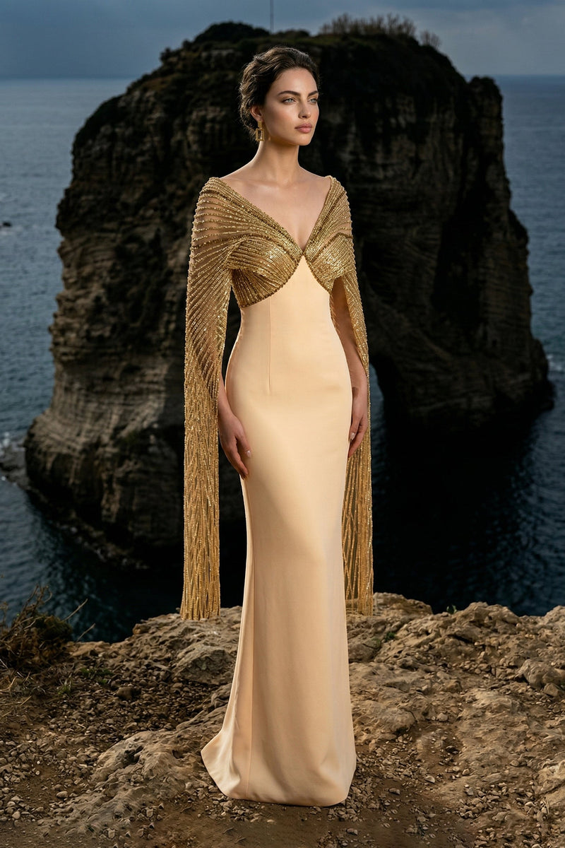Li Beirut M1207 – Off-Shoulder Gold Beaded Cape Mermaid Evening Gown