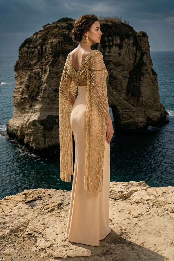 Li Beirut M1207 – Off-Shoulder Gold Beaded Cape Mermaid Evening Gown