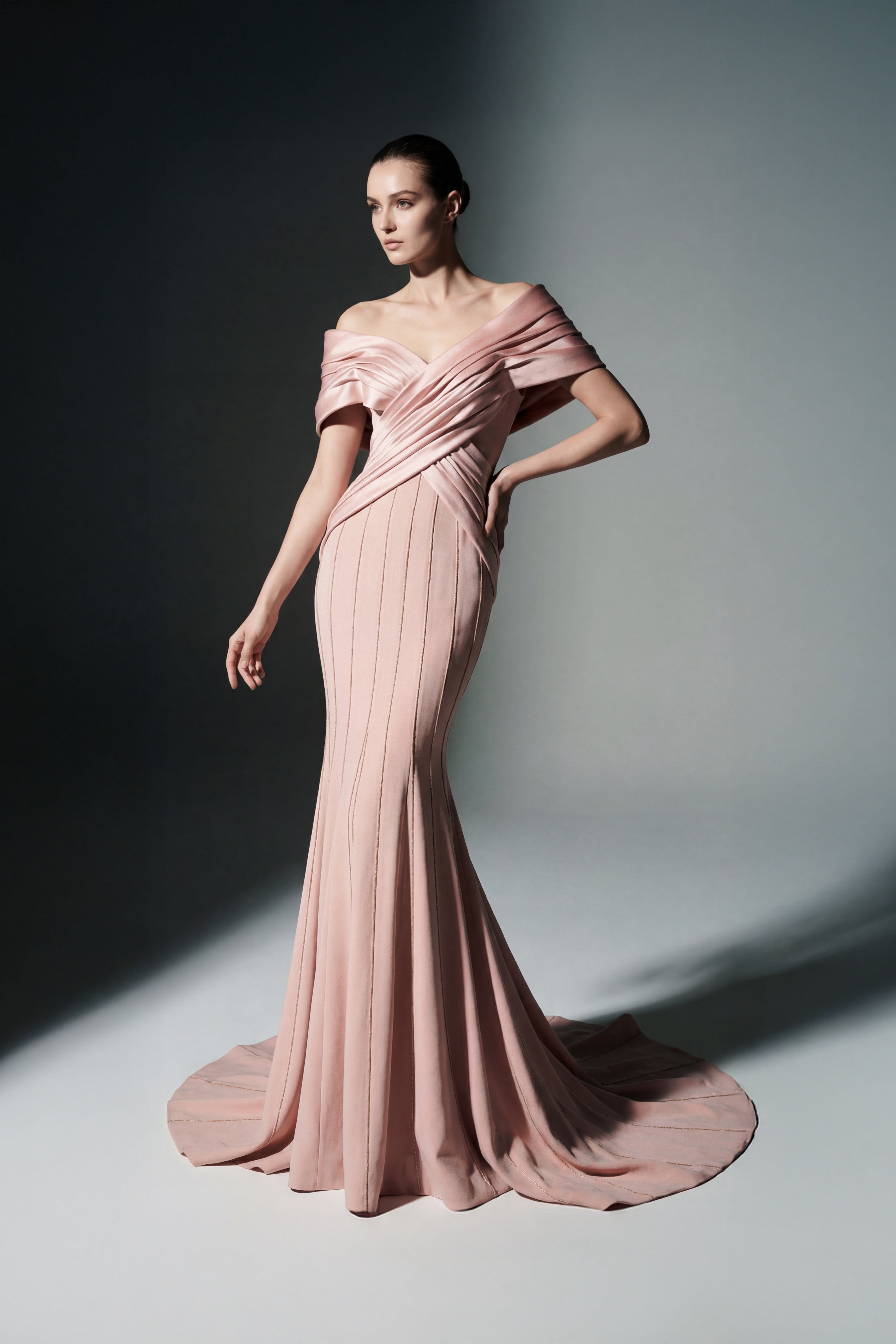 Li Beirut M1208 – Off-Shoulder Draped Blush Mermaid Evening Gown
