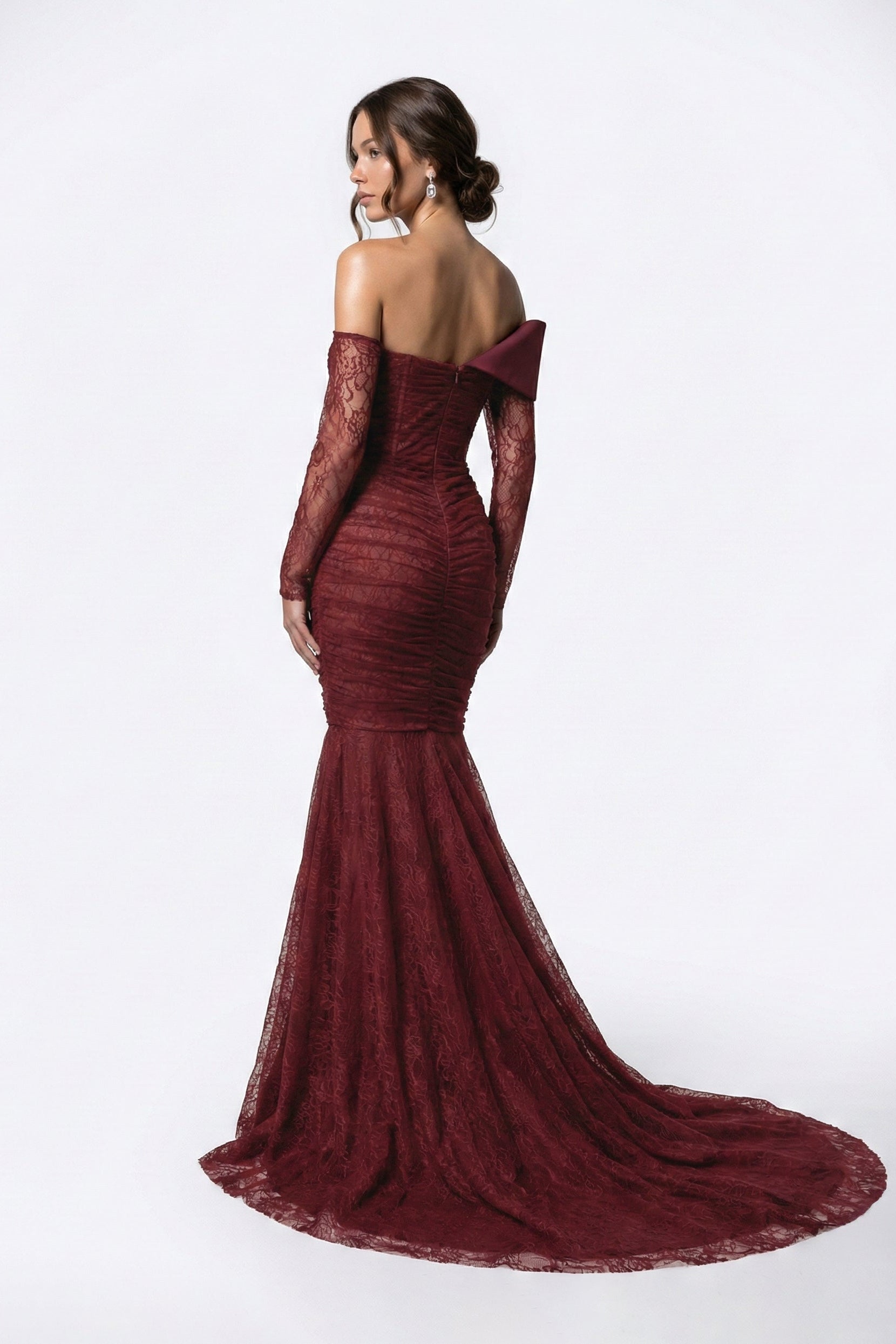 Li Beirut M1209A – Off-Shoulder Lace Mermaid Evening Gown with Sheer Sleeves