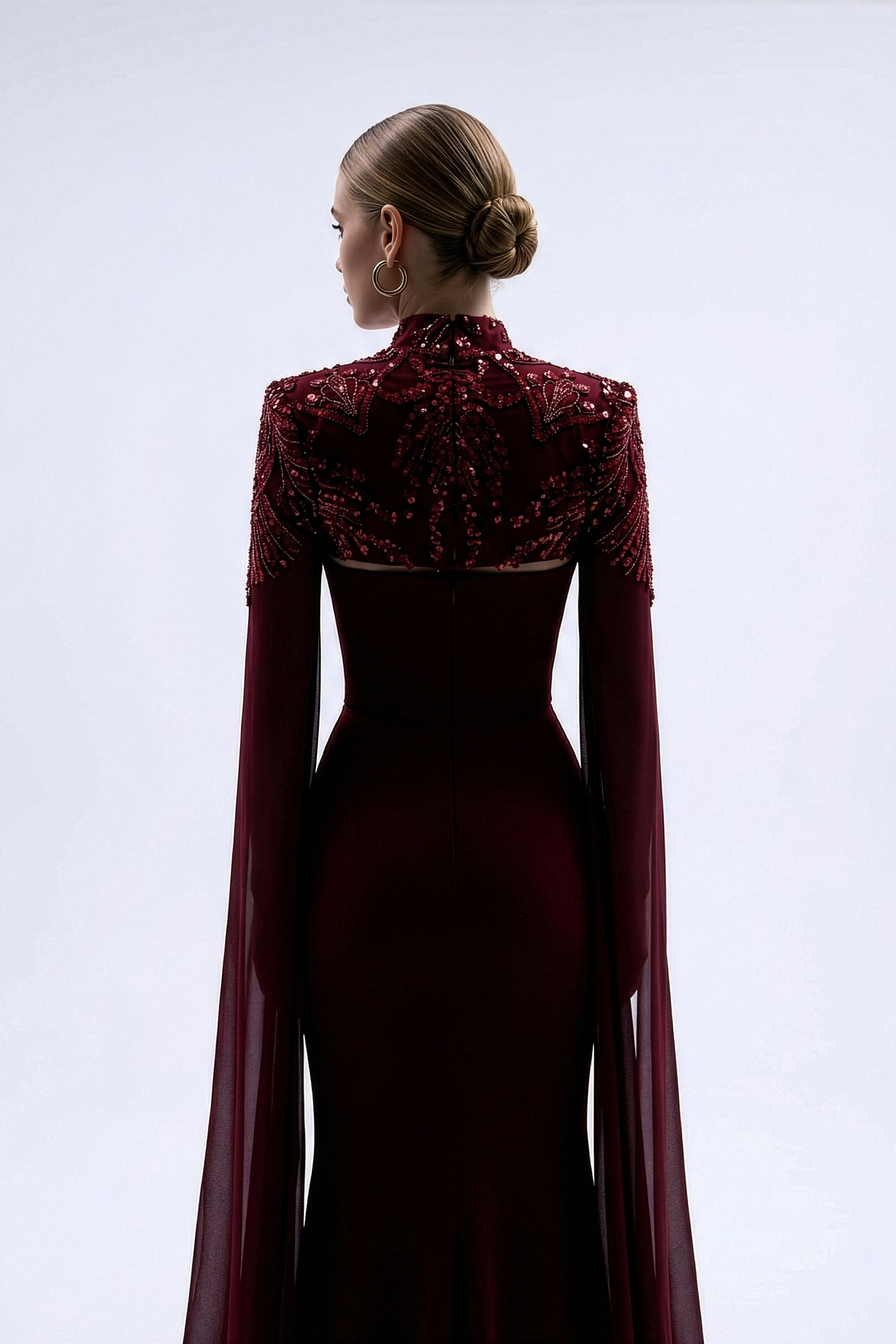 Li Beirut M1210 – High-Neck Cape Sleeve Burgundy Mermaid Evening Gown