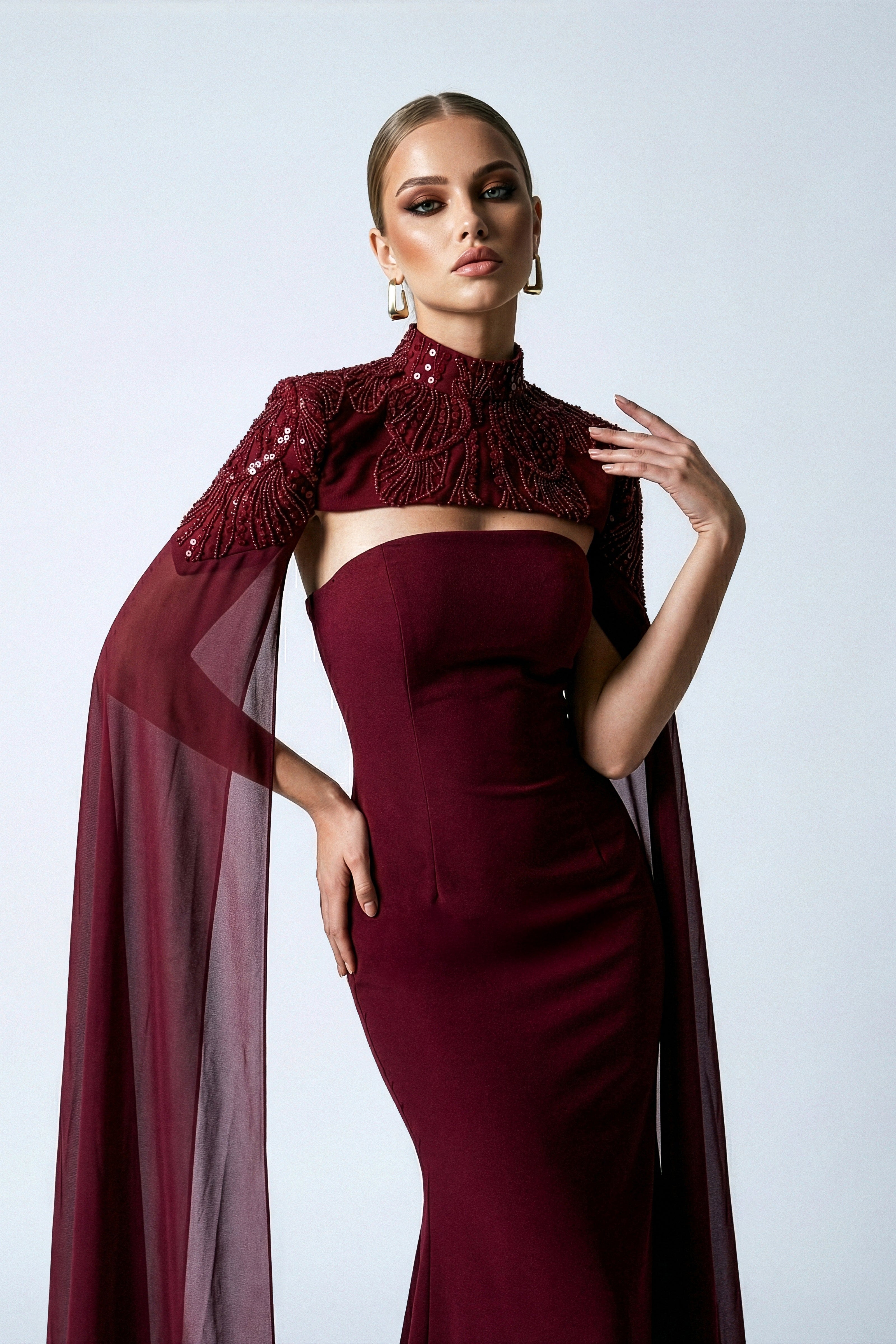 Li Beirut M1210 – High-Neck Cape Sleeve Burgundy Mermaid Evening Gown