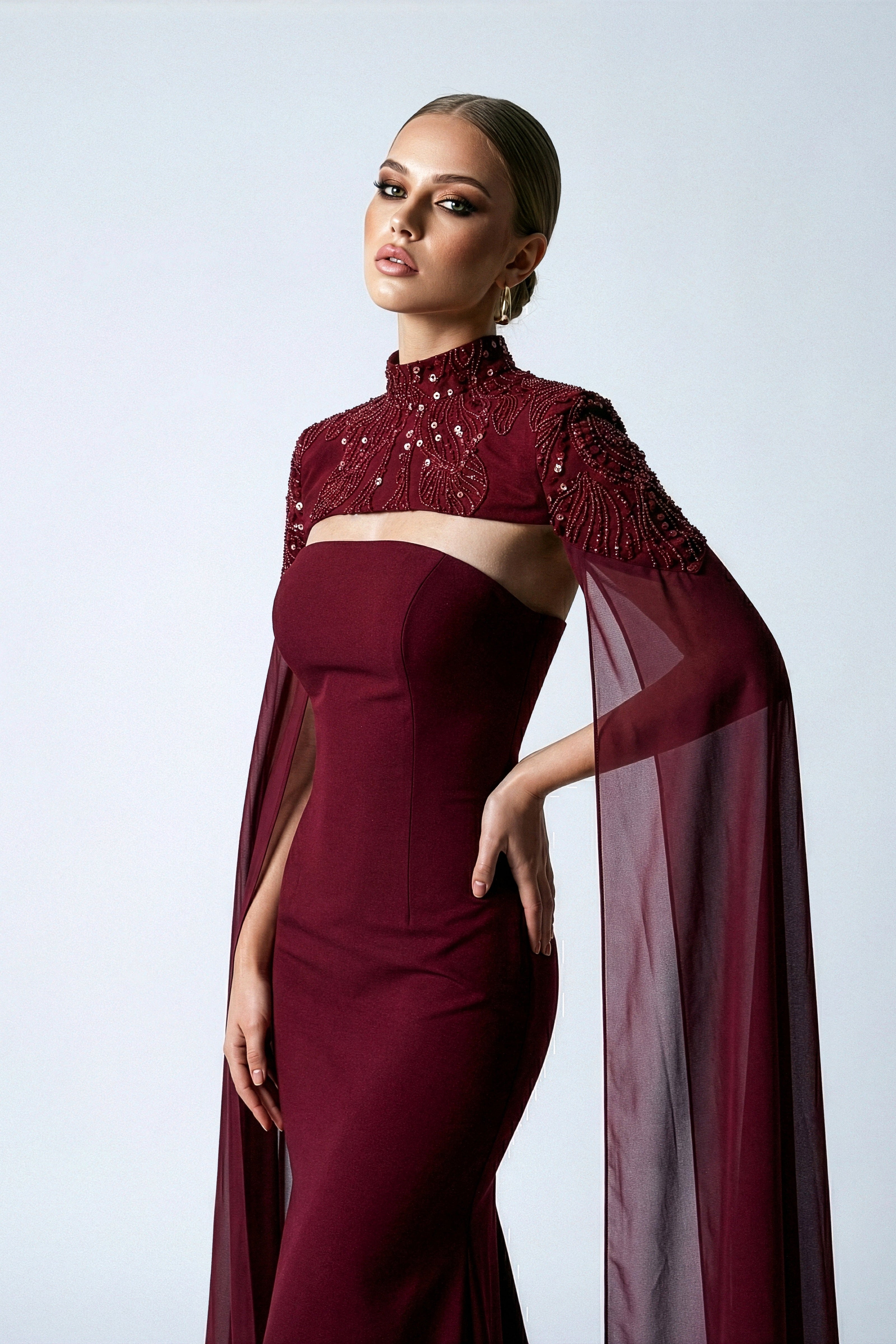 Li Beirut M1210 – High-Neck Cape Sleeve Burgundy Mermaid Evening Gown