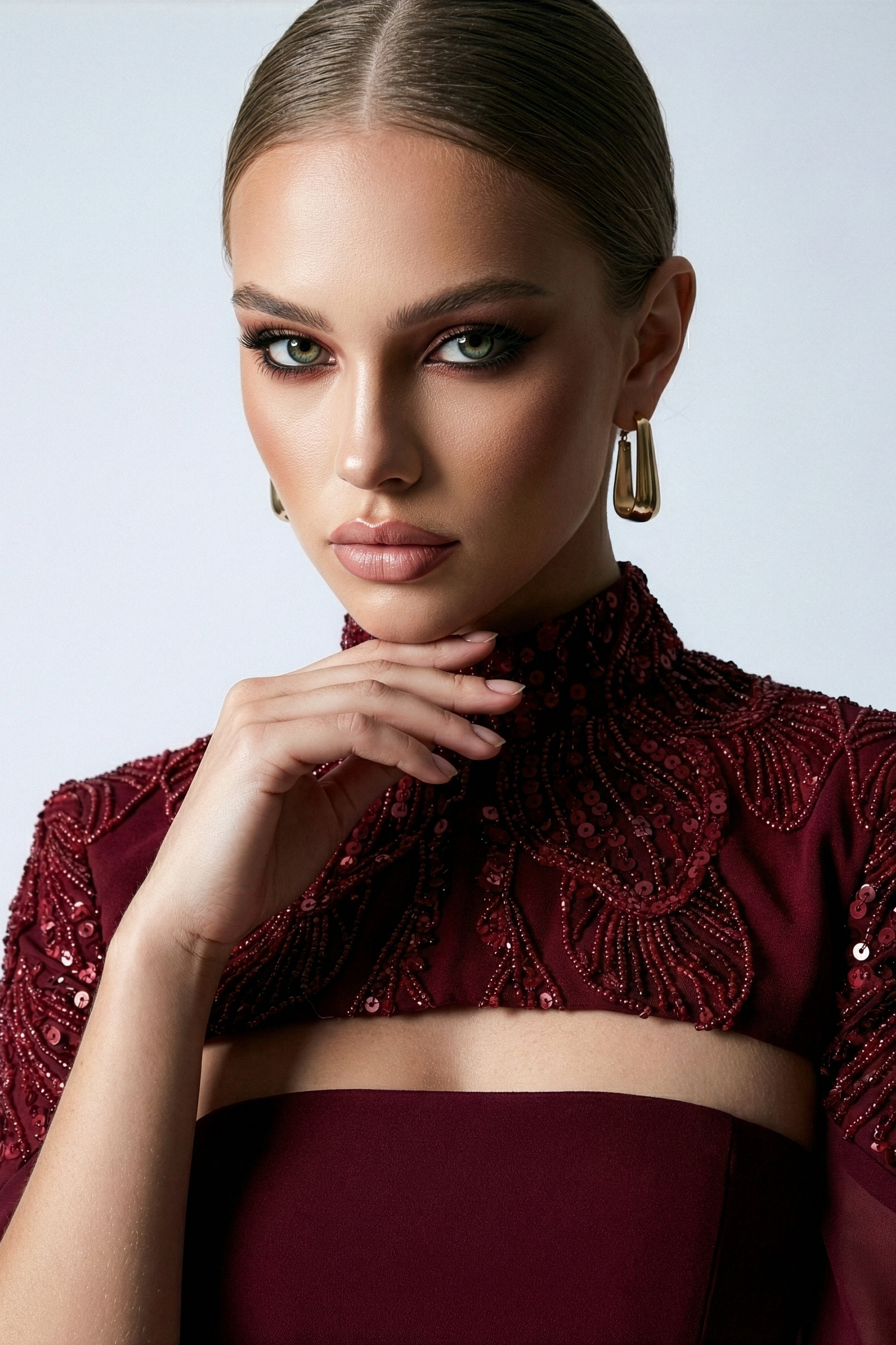 Li Beirut M1210 – High-Neck Cape Sleeve Burgundy Mermaid Evening Gown