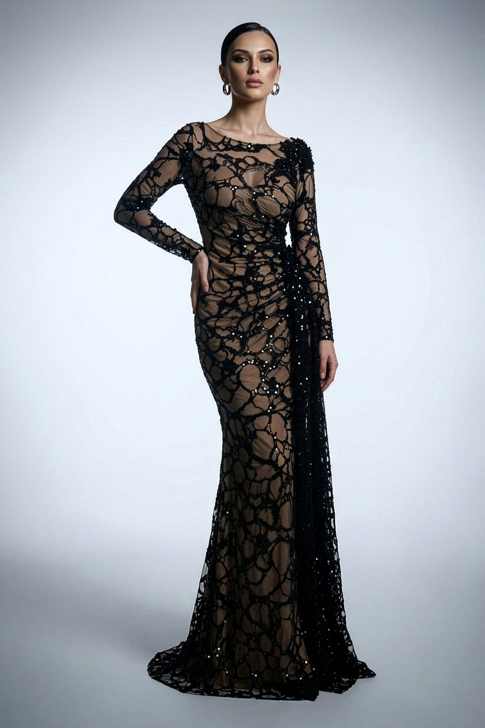 Li Beirut M1212 – Illusion Lace Long Sleeve Mermaid Evening Dress