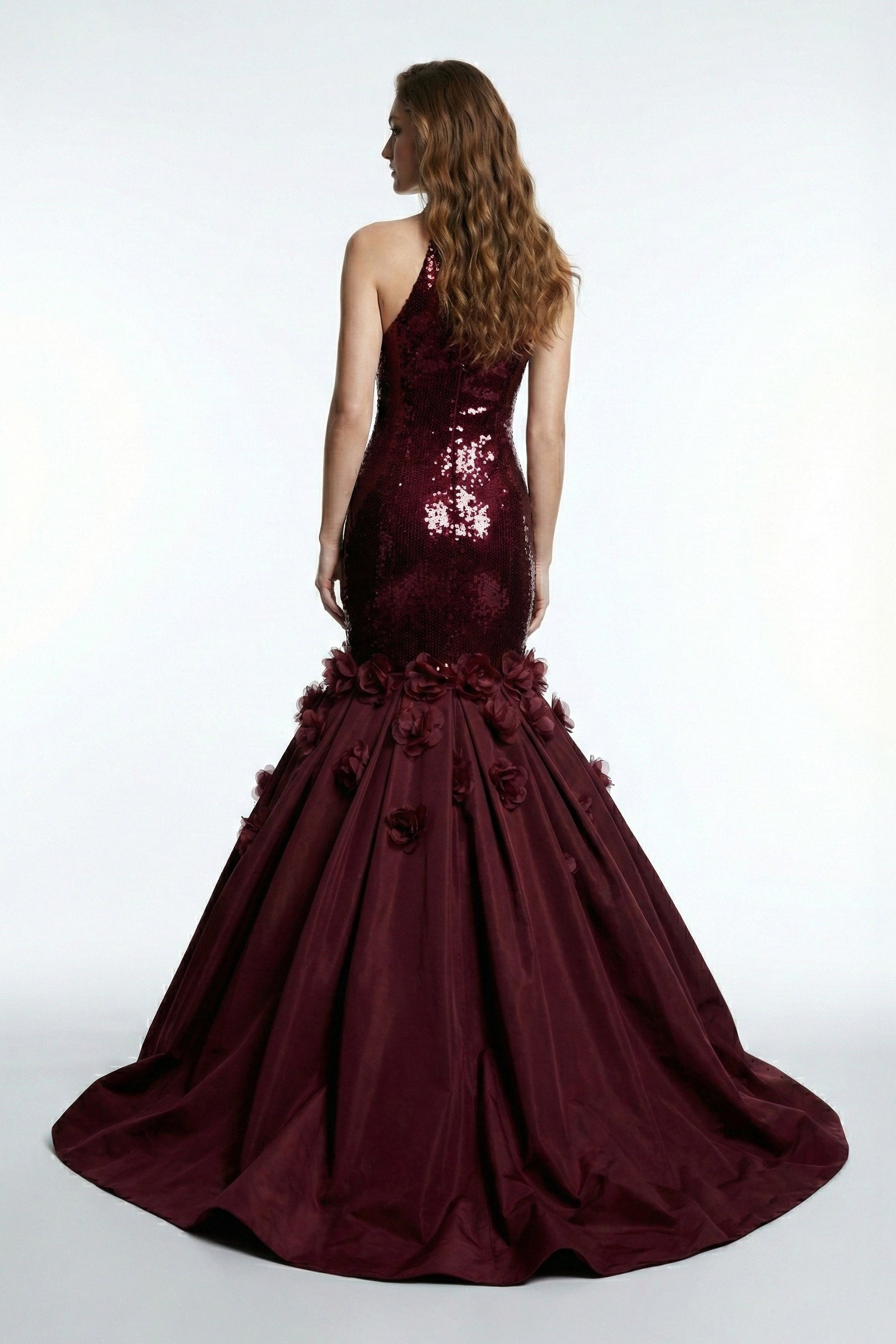 Li Beirut M1213 – Sequined Halter Mermaid Evening Gown with Floral Appliqués in Burgundy