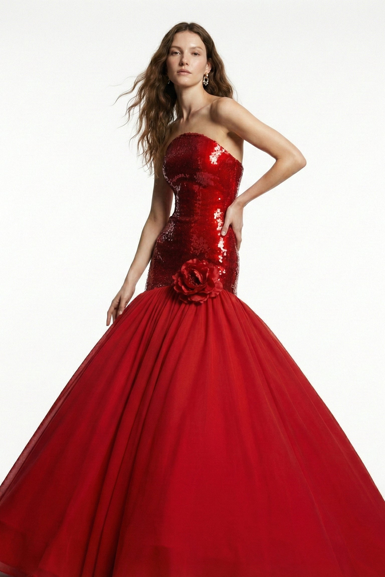 Li Beirut M1216 – Strapless Red Sequin Mermaid Evening Gown with Floral Accent
