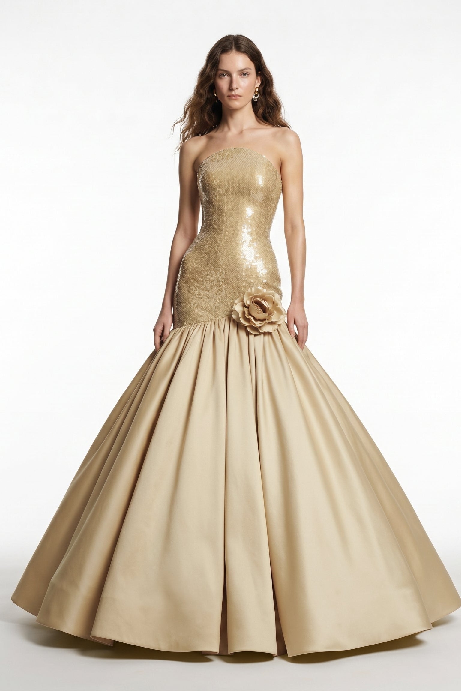 Li Beirut M1216 – Strapless Red Sequin Mermaid Evening Gown with Floral Accent