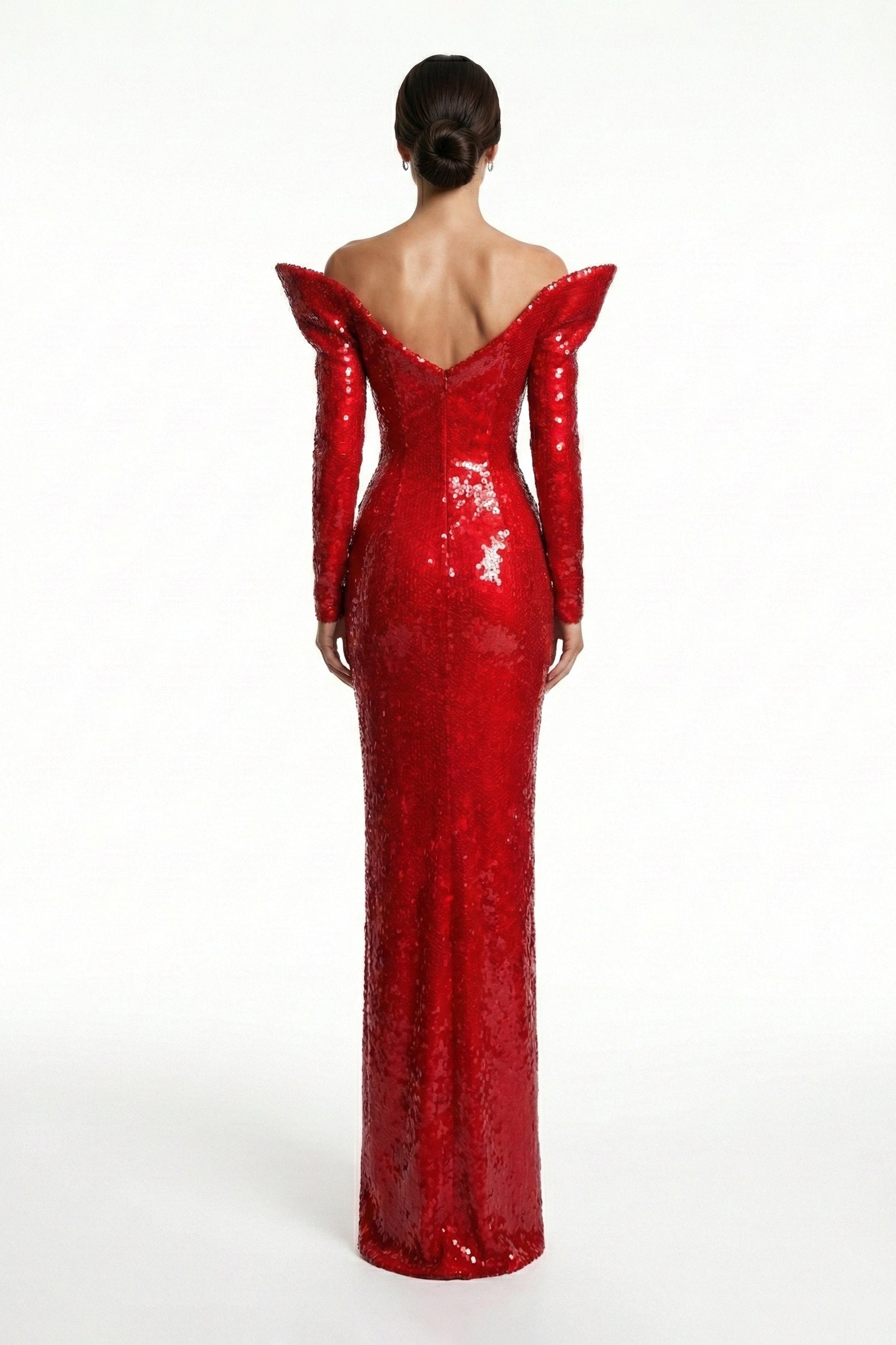 Li Beirut M1217 – Red Sequin Structured Shoulder Column Evening Gown