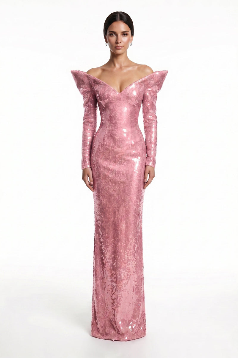 Li Beirut M1217 – Red Sequin Structured Shoulder Column Evening Gown