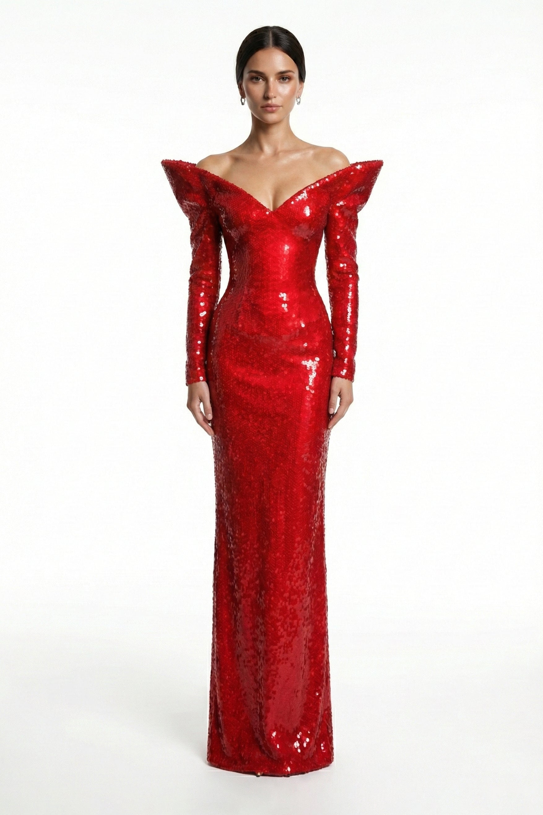 Li Beirut M1217 – Red Sequin Structured Shoulder Column Evening Gown