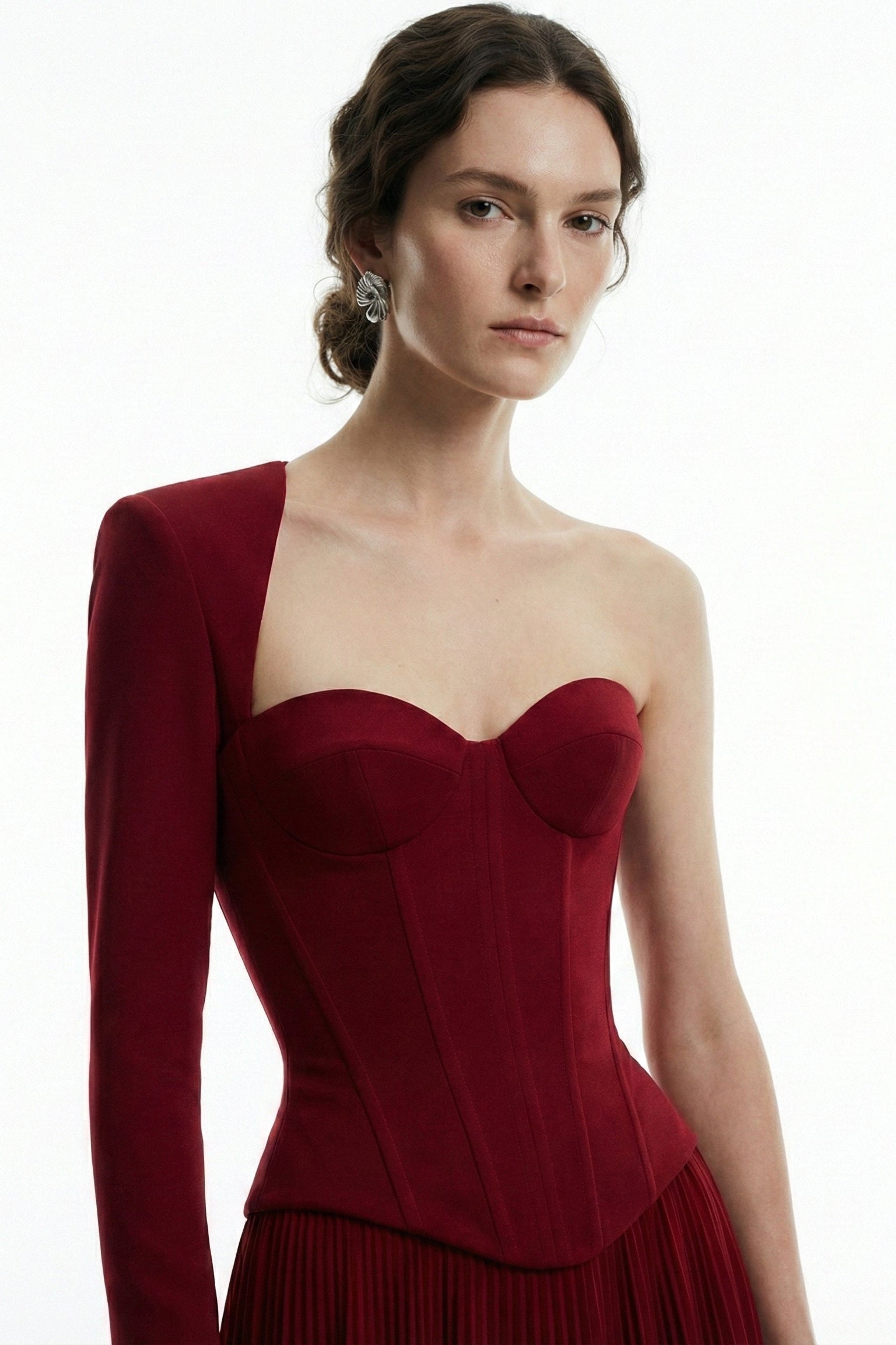 Li Beirut M1219 – One-Shoulder Corset Pleated Evening Gown in Burgundy