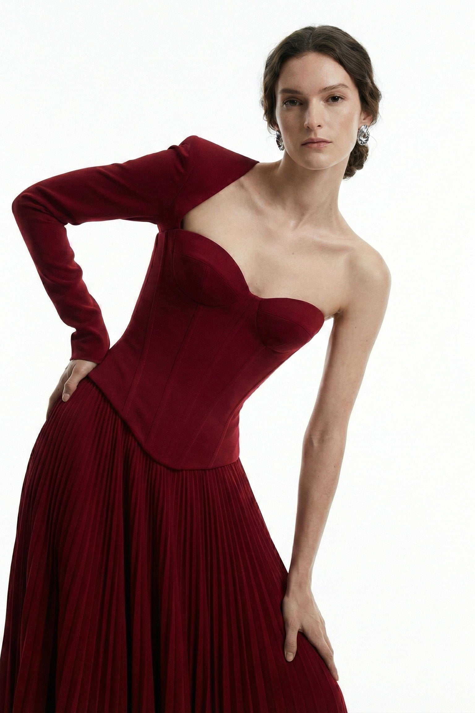 Li Beirut M1219 – One-Shoulder Corset Pleated Evening Gown in Burgundy