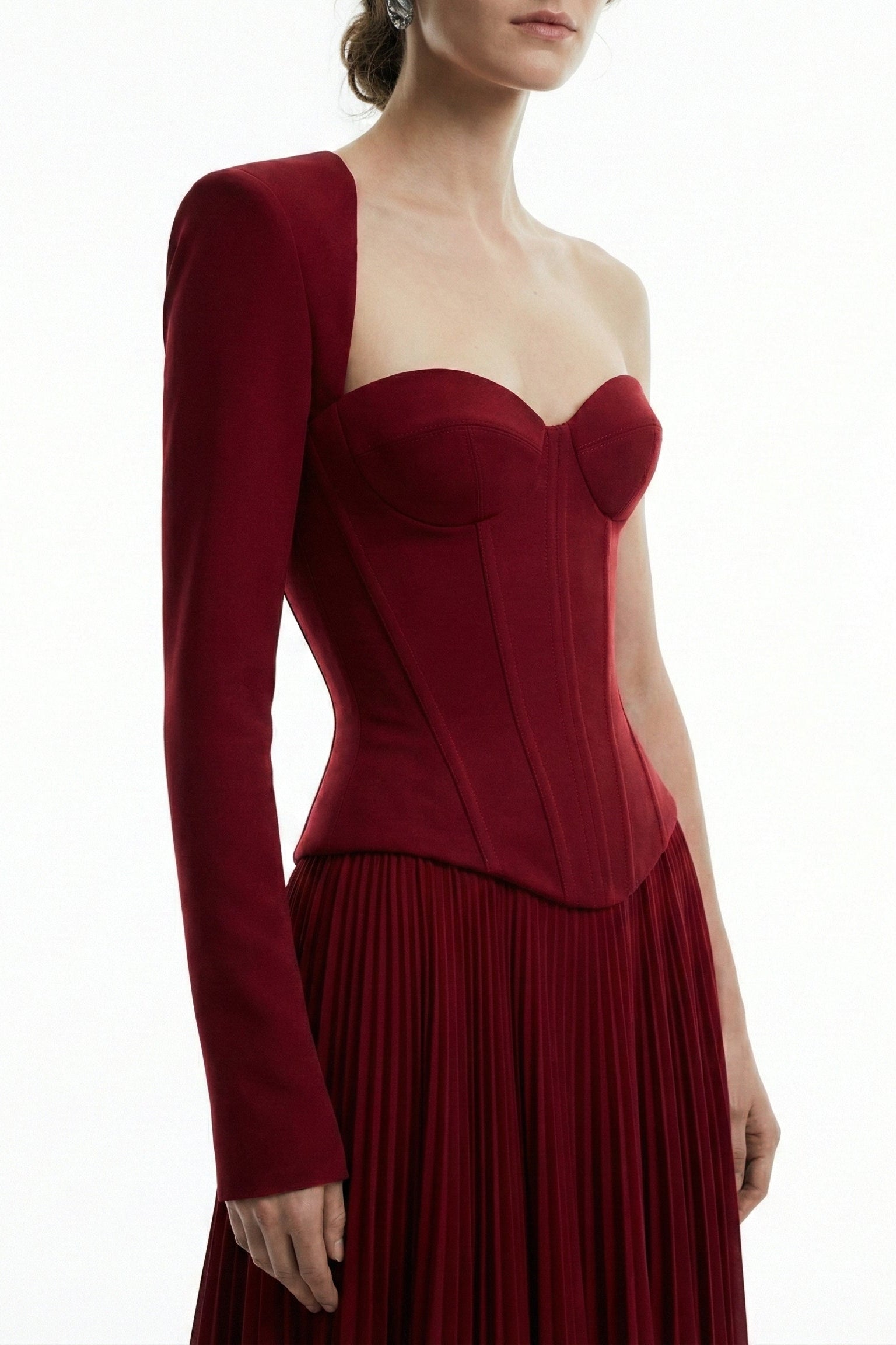 Li Beirut M1219 – One-Shoulder Corset Pleated Evening Gown in Burgundy