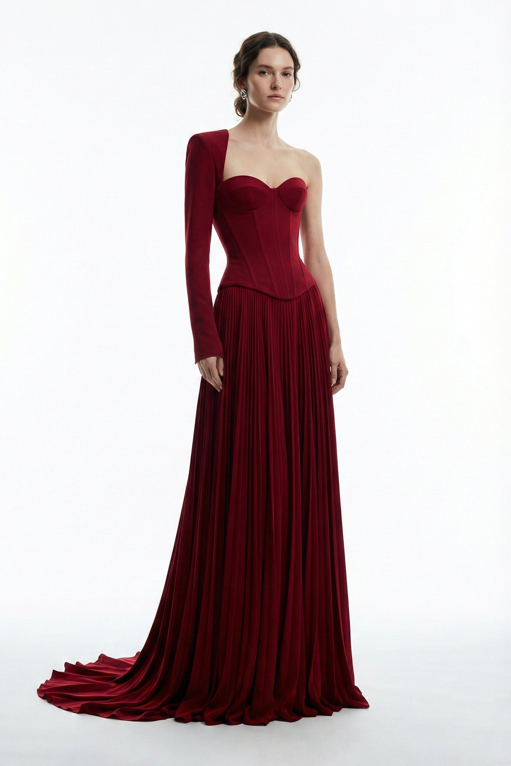 Li Beirut M1219 – One-Shoulder Corset Pleated Evening Gown in Burgundy