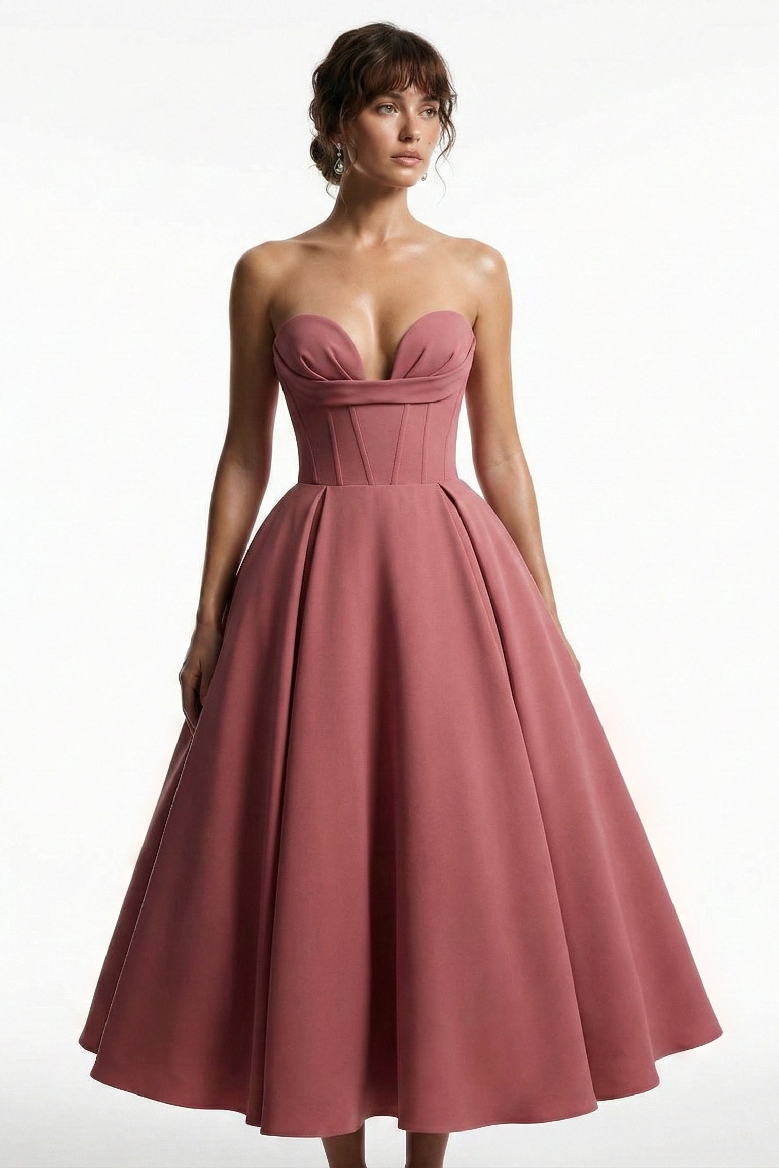 Li Beirut M1222 – Strapless Sweetheart Corset A-Line Midi Dress in Dusty Rose
