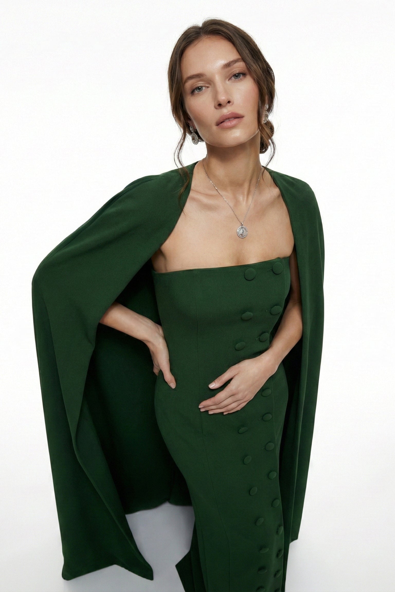 Li Beirut M1223 – Emerald Strapless Column Gown with Detachable Cape