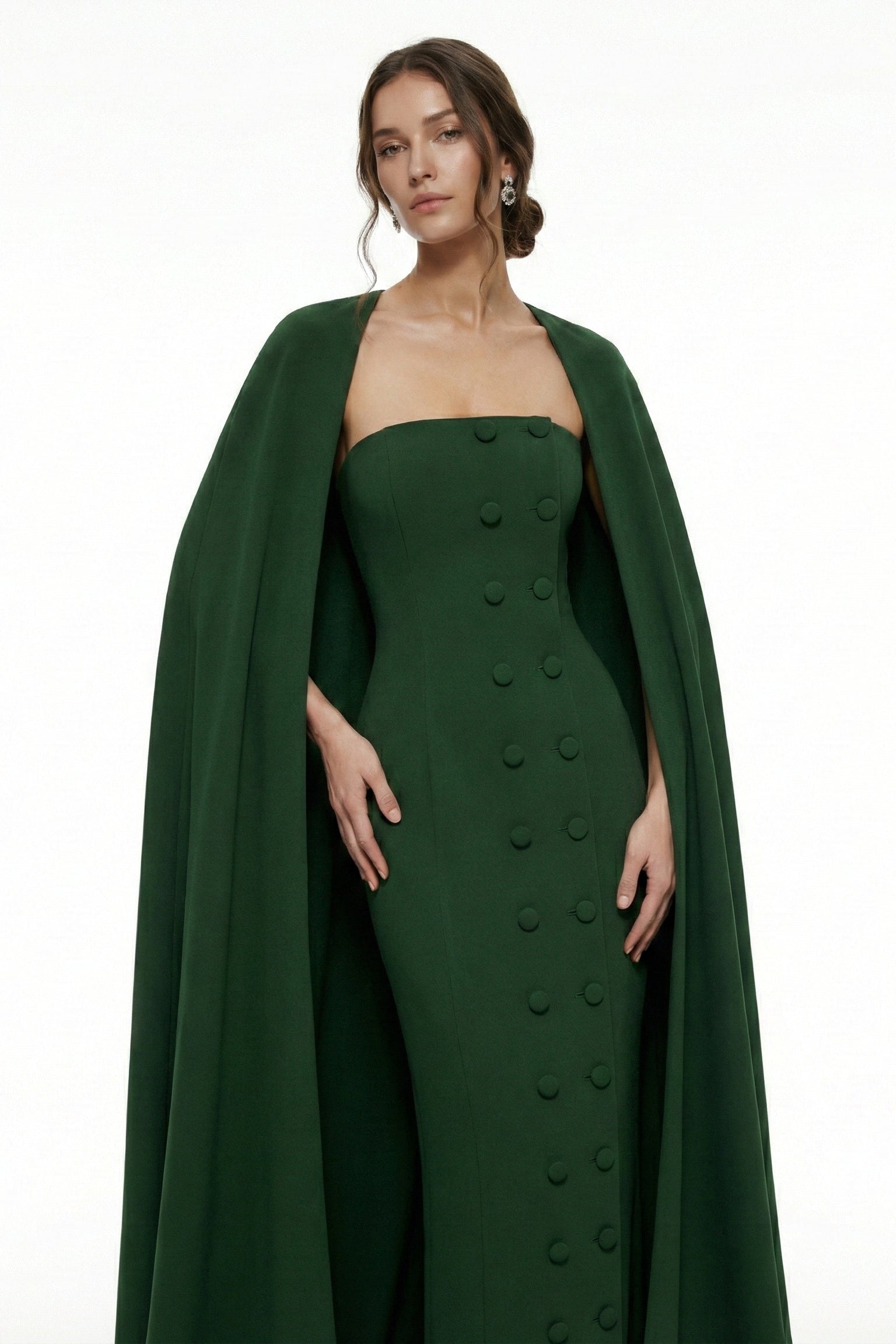Li Beirut M1223 – Emerald Strapless Column Gown with Detachable Cape