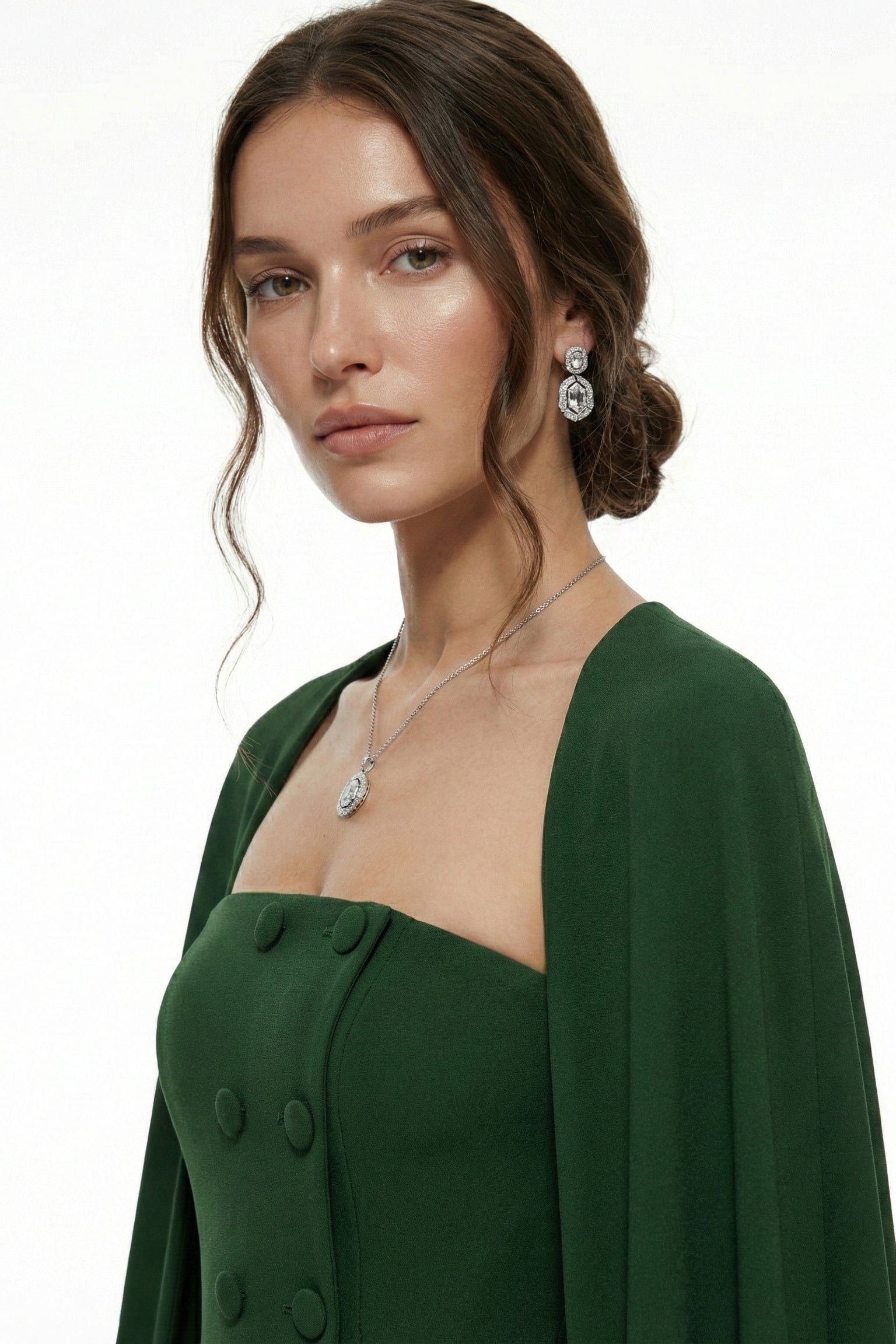 Li Beirut M1223 – Emerald Strapless Column Gown with Detachable Cape