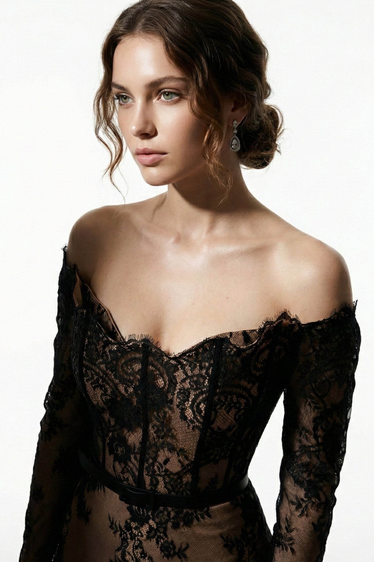 Li Beirut M1226 – Off-Shoulder Illusion Lace Column Evening Gown