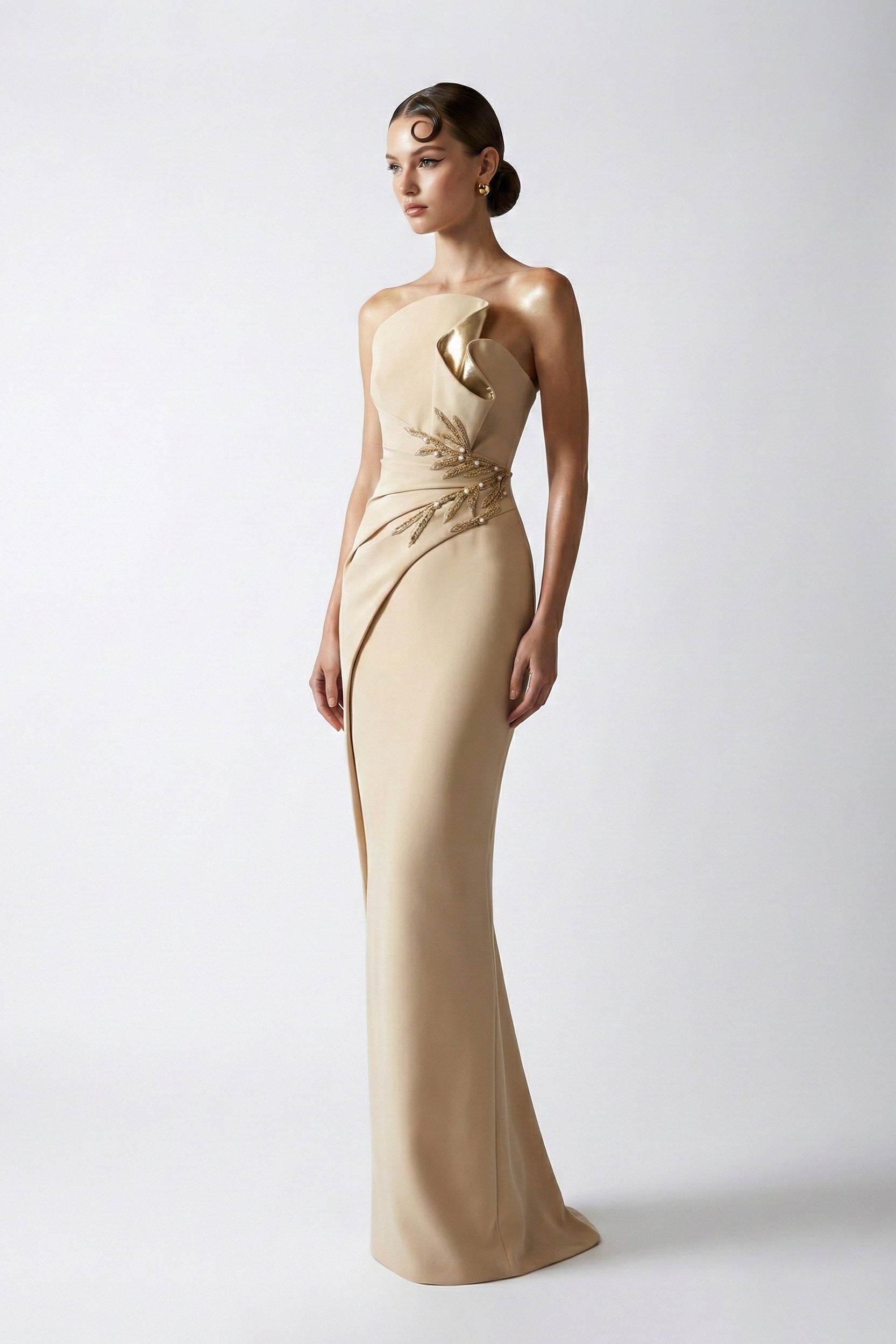Li Beirut M1227 – One-Shoulder Mermaid Evening Gown in Champagne