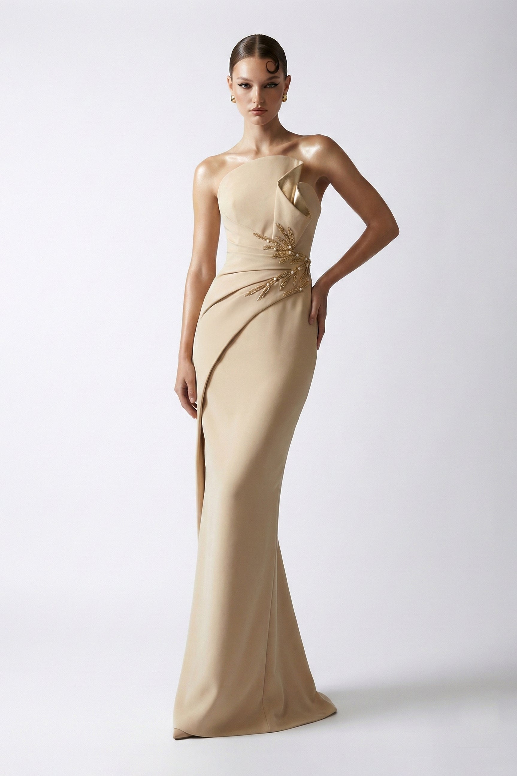 Li Beirut M1227 – One-Shoulder Mermaid Evening Gown in Champagne