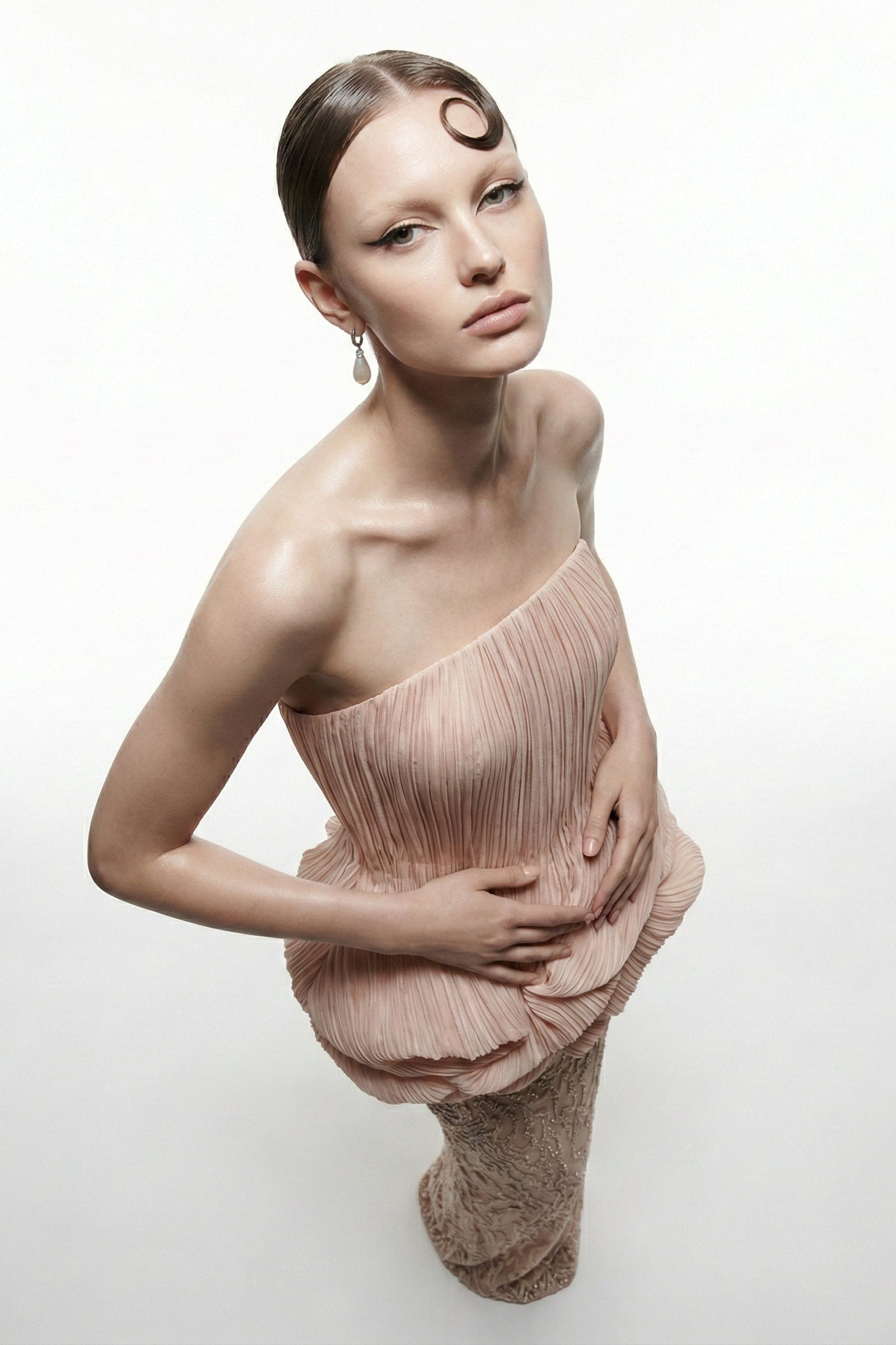 Li Beirut M1228 – Strapless Peplum & Lace Column Evening Gown in Blush