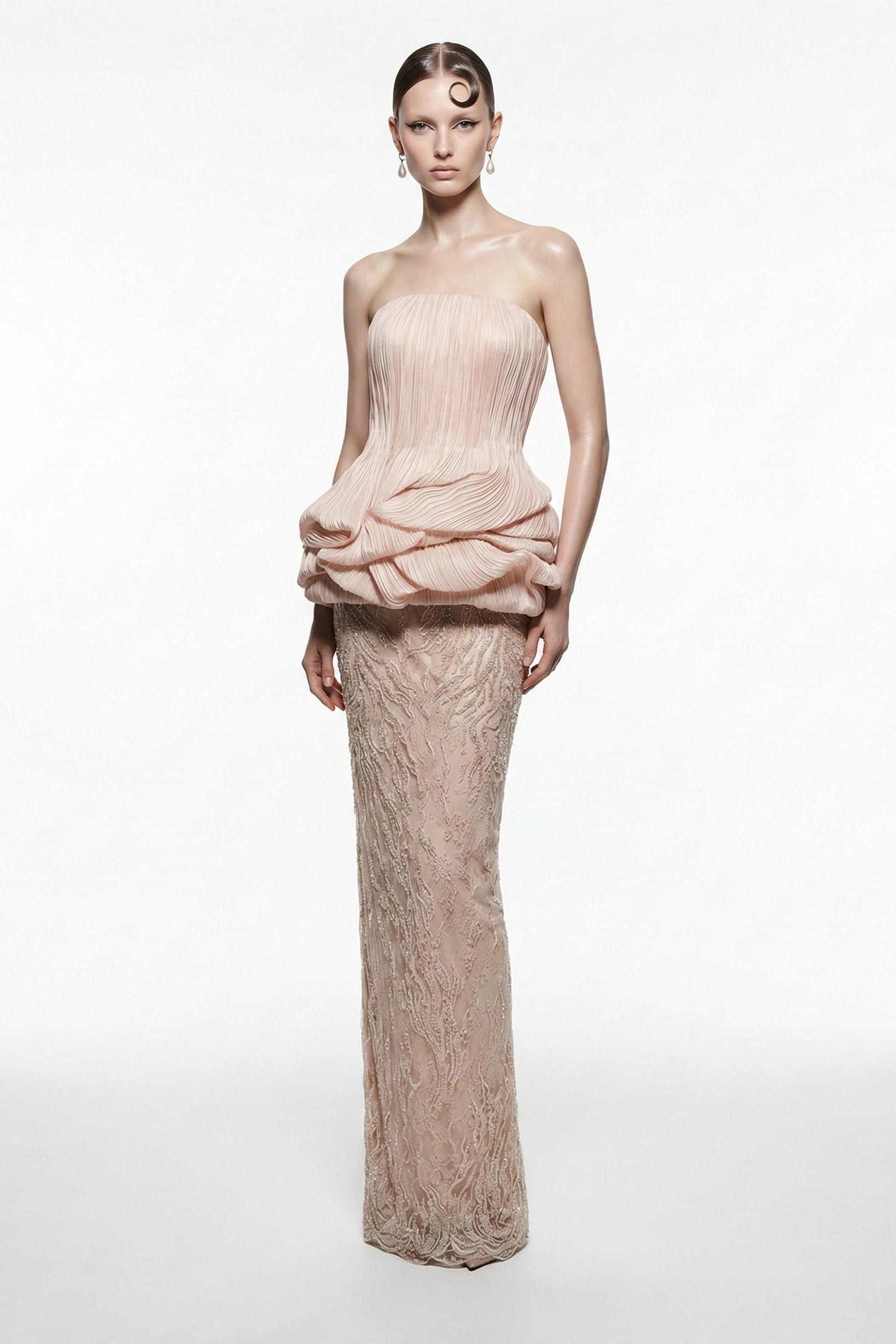 Li Beirut M1228 – Strapless Peplum & Lace Column Evening Gown in Blush