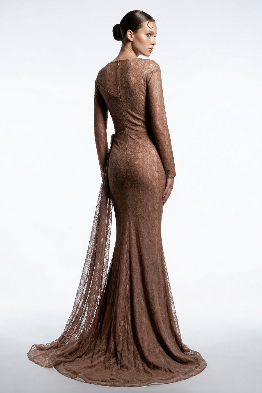 Li Beirut M1229 – High Neck Long Sleeve Lace Evening Gown with Draped Waist & Train