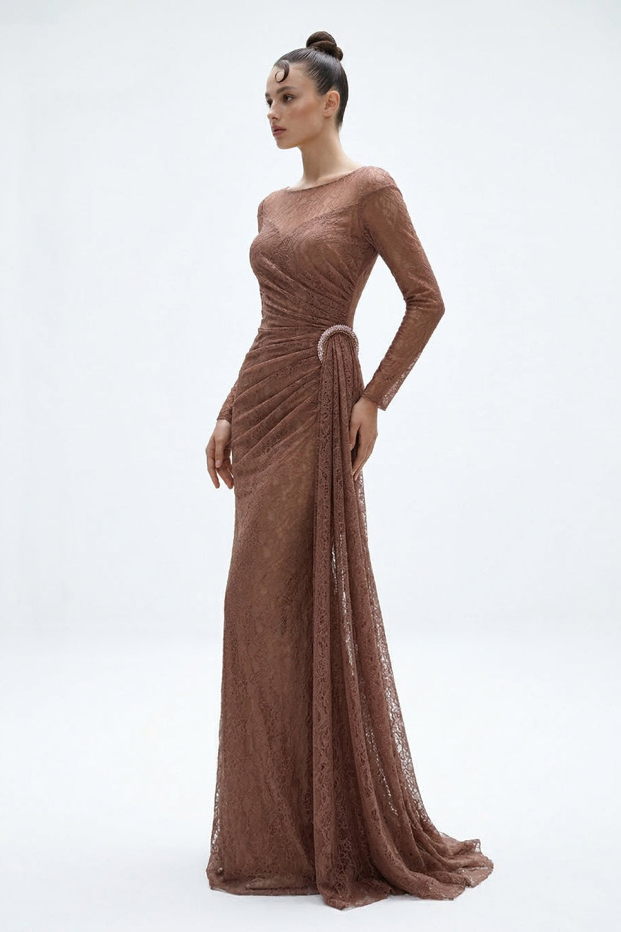 Li Beirut M1229 – High Neck Long Sleeve Lace Evening Gown with Draped Waist & Train