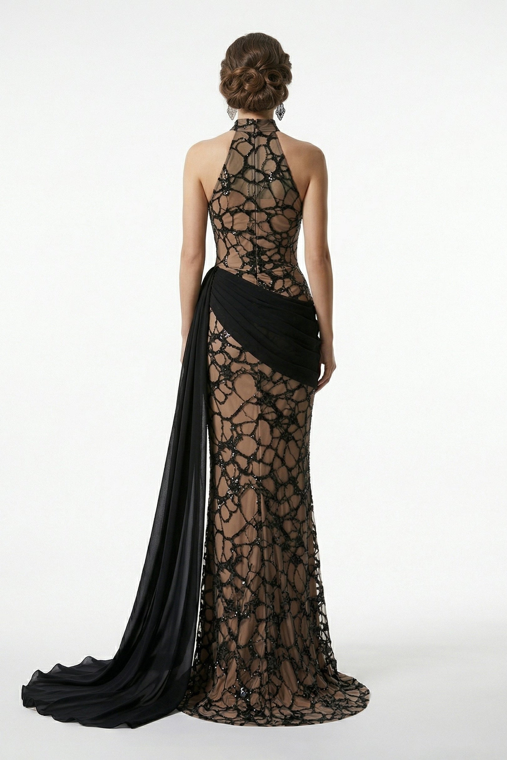 Li Beirut M1230 – Illusion Lace Halter Evening Gown with Chiffon Waist Drape