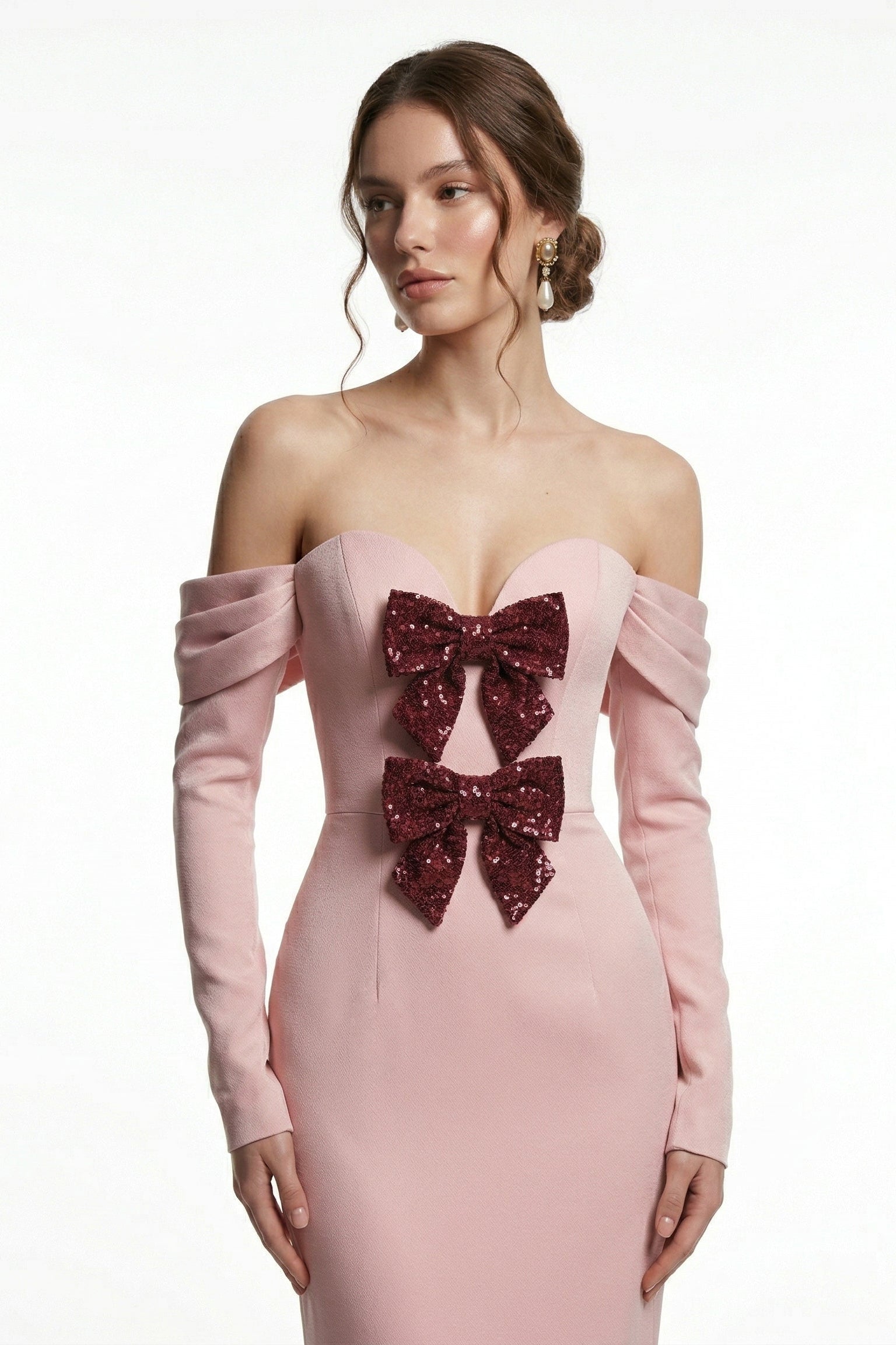 Li Beirut M1231 – Blush Off-Shoulder Long Sleeve Evening Gown with Bow Detail