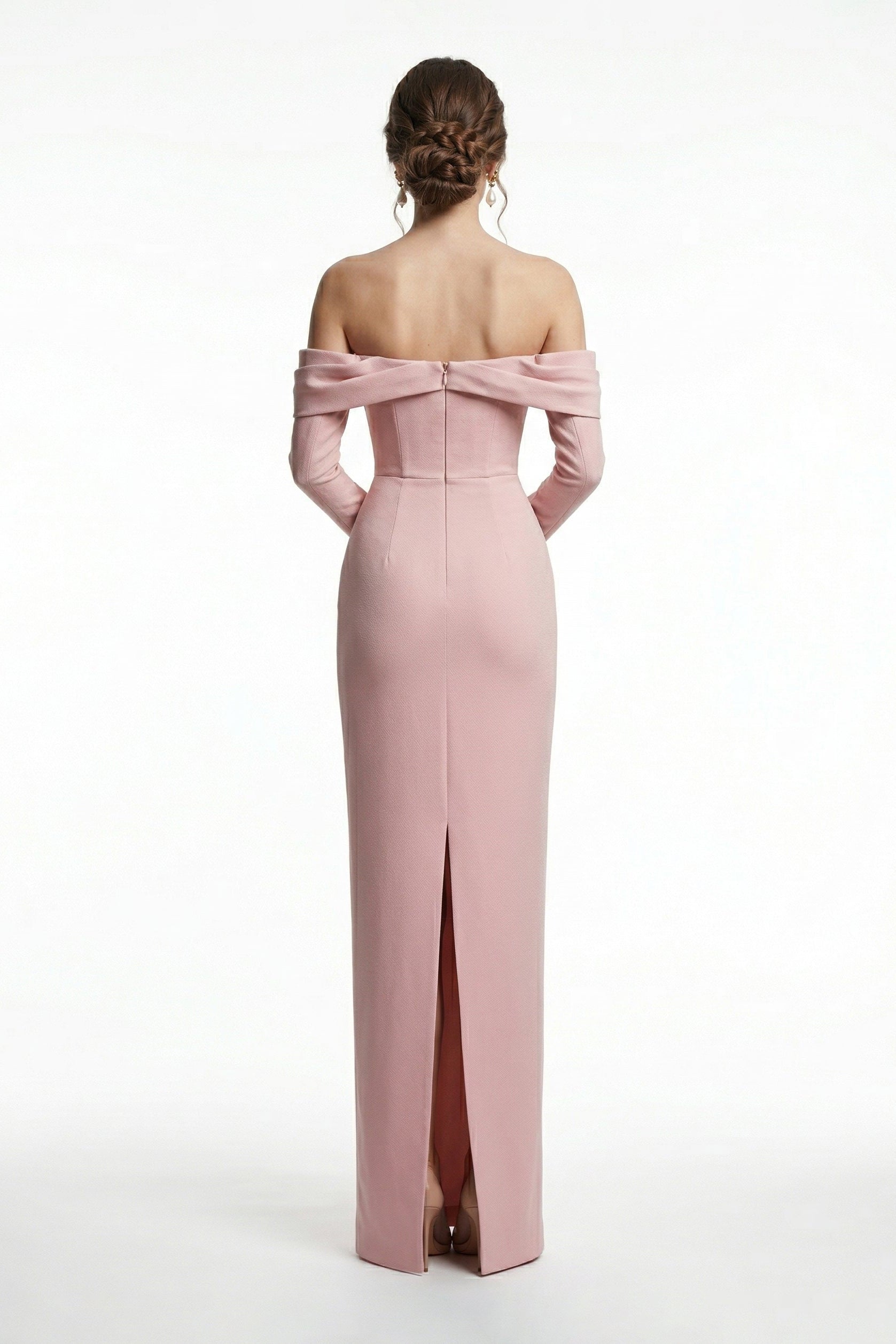 Li Beirut M1231 – Blush Off-Shoulder Long Sleeve Evening Gown with Bow Detail