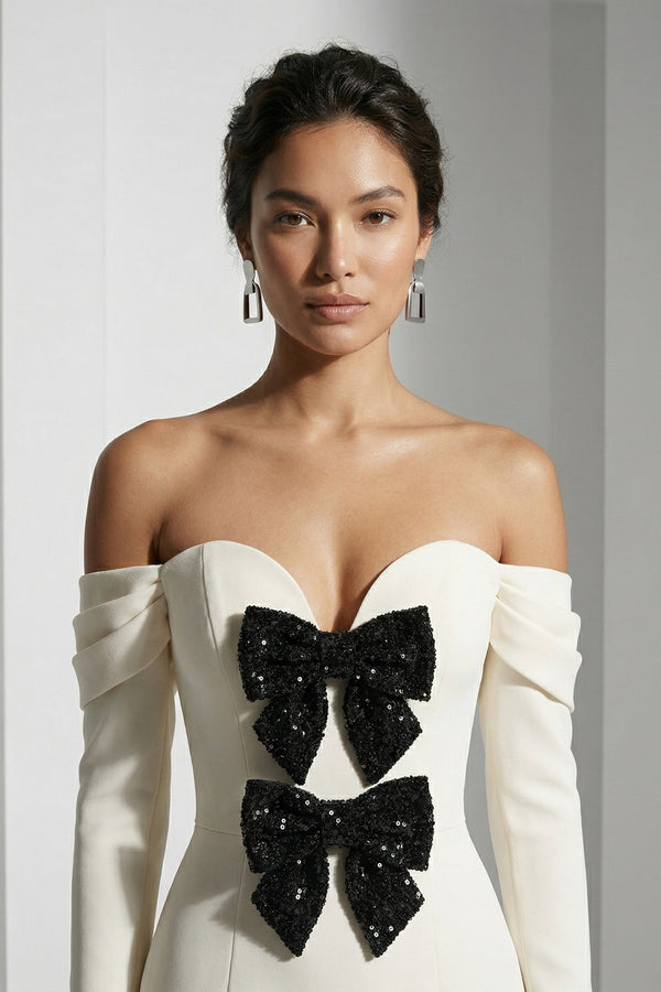 Li Beirut M1231 – Blush Off-Shoulder Long Sleeve Evening Gown with Bow Detail