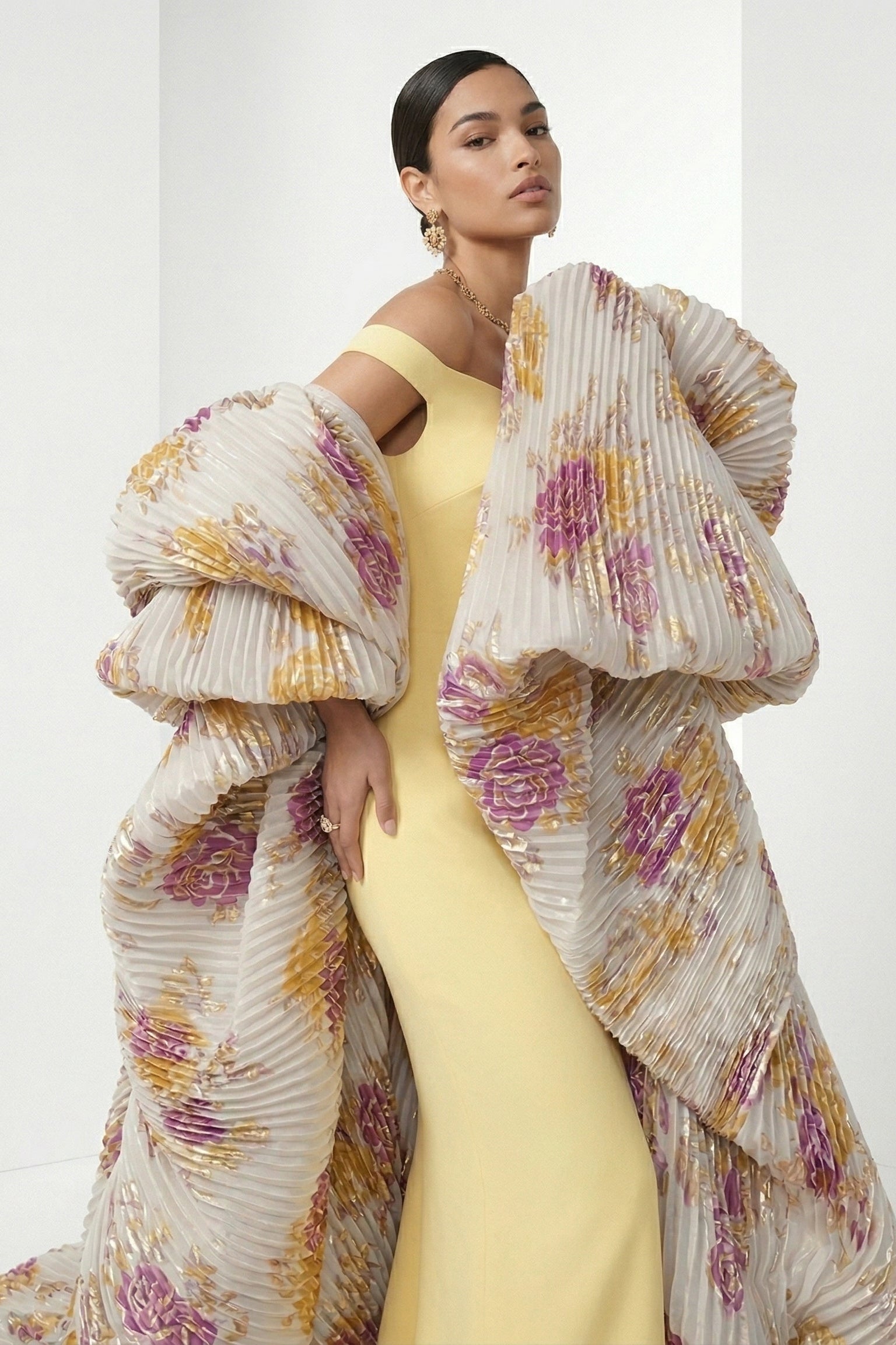 Li Beirut M1232 – Off-Shoulder Draped Yellow Evening Gown with Floral Train