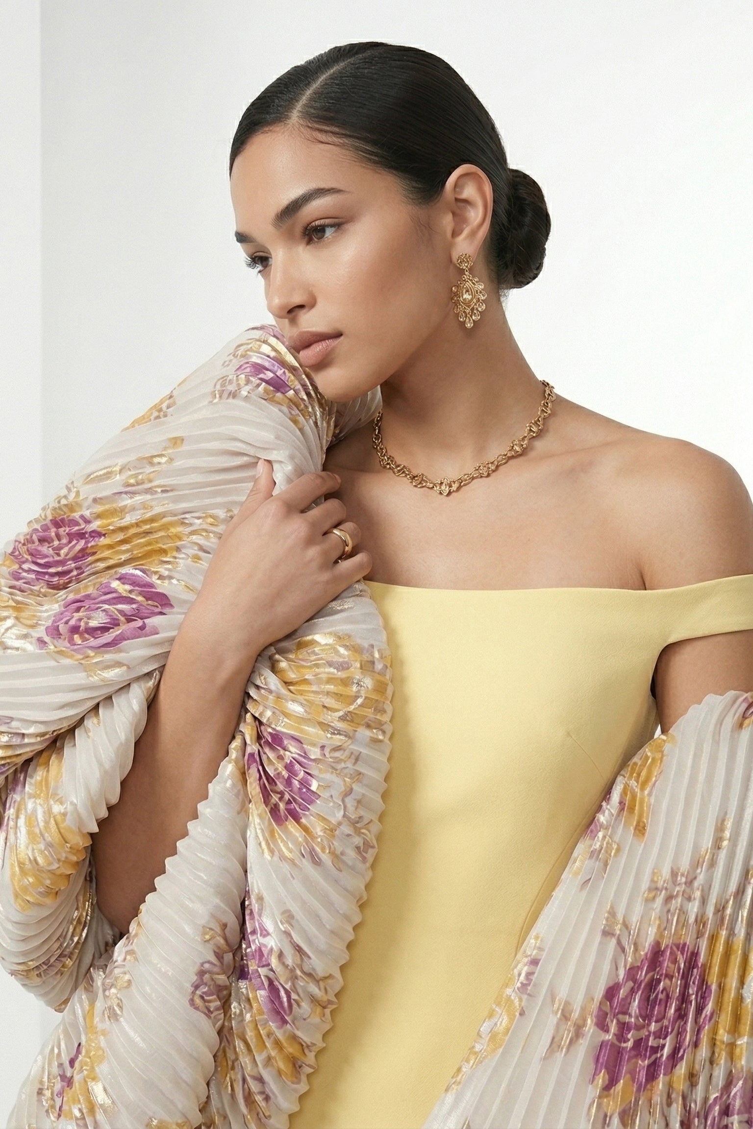 Li Beirut M1232 – Off-Shoulder Draped Yellow Evening Gown with Floral Train