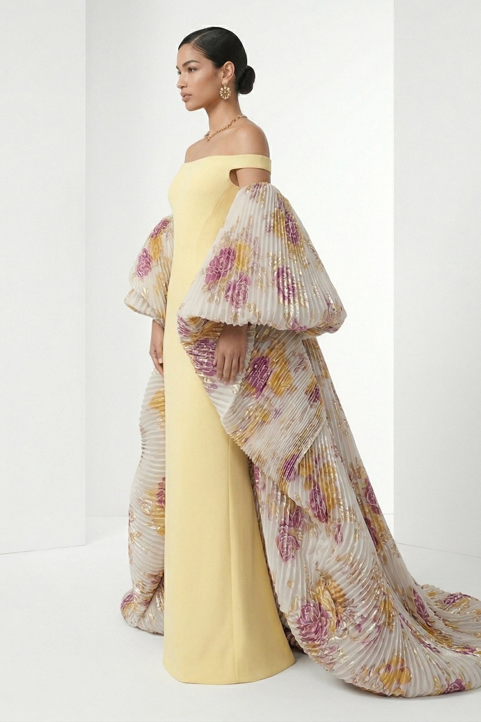 Li Beirut M1232 – Off-Shoulder Draped Yellow Evening Gown with Floral Train