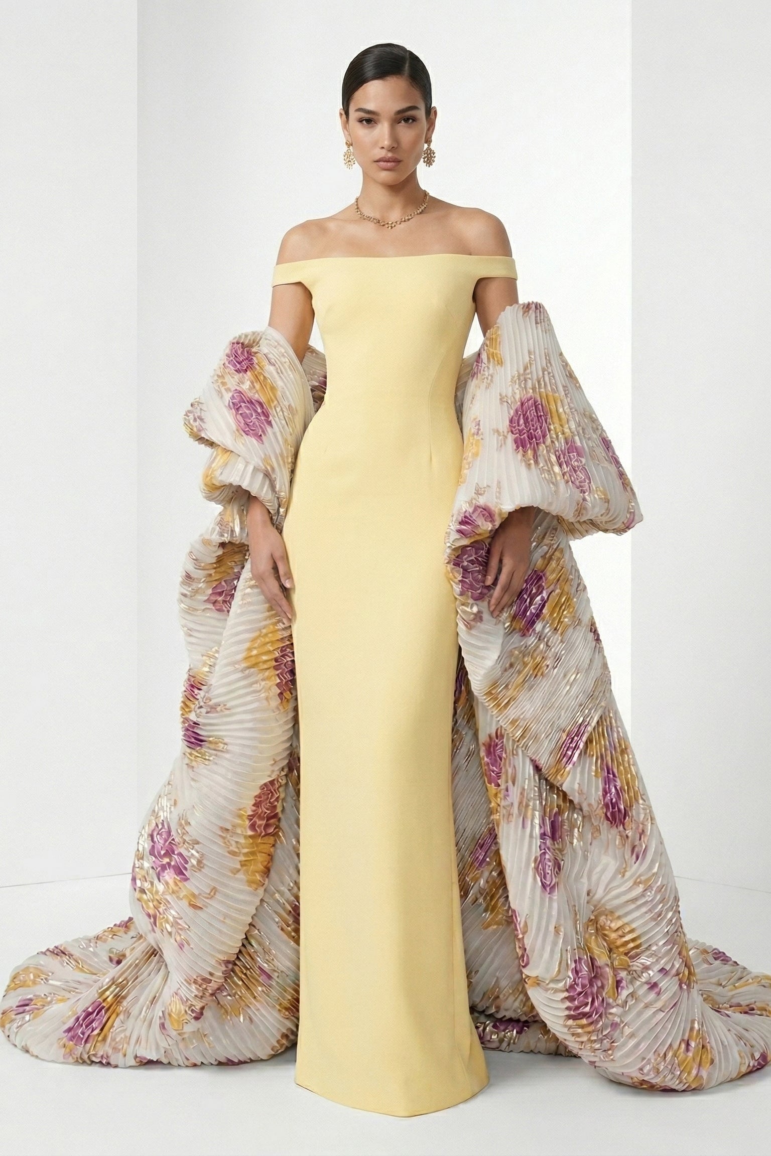 Li Beirut M1232 – Off-Shoulder Draped Yellow Evening Gown with Floral Train