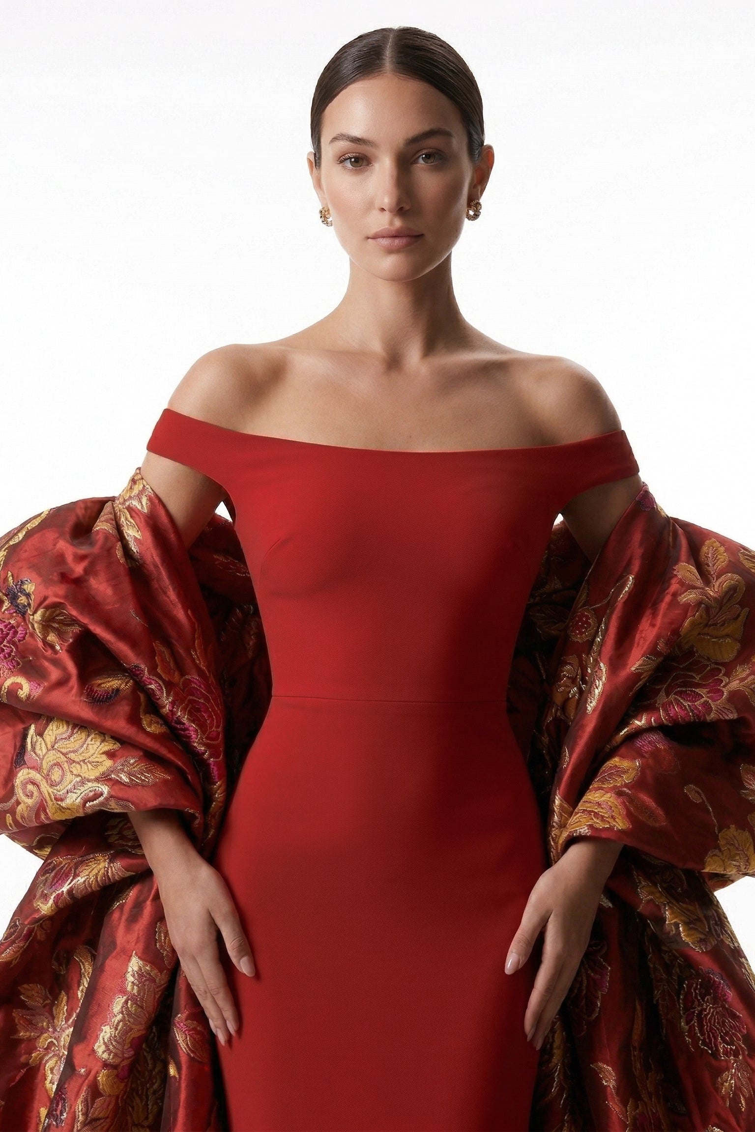 Li Beirut M1234 – Off-Shoulder Column Gown with Detachable Jacquard Overskirt