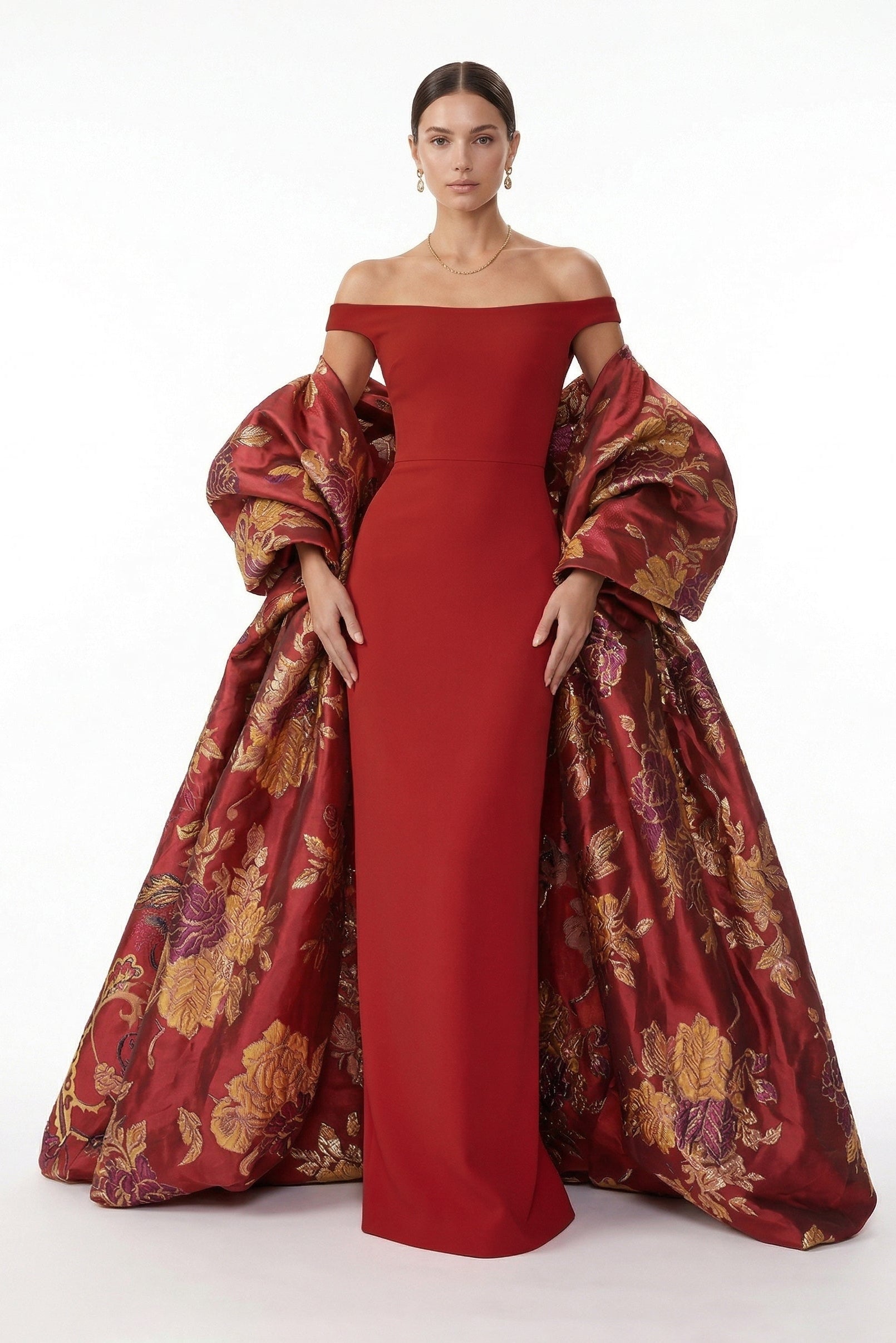 Li Beirut M1234 – Off-Shoulder Column Gown with Detachable Jacquard Overskirt