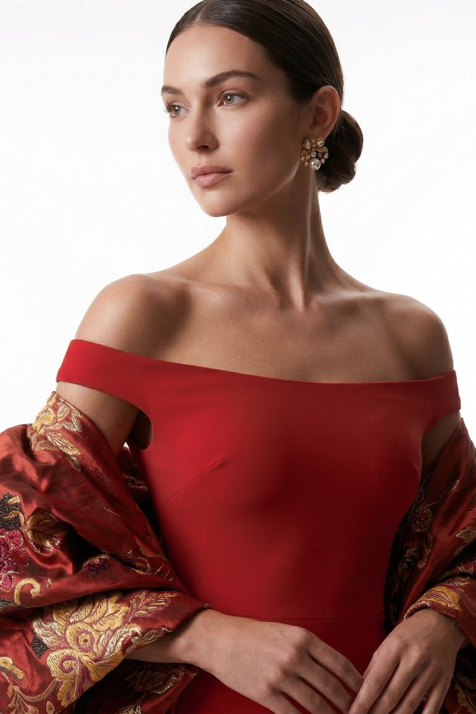 Li Beirut M1234 – Off-Shoulder Column Gown with Detachable Jacquard Overskirt