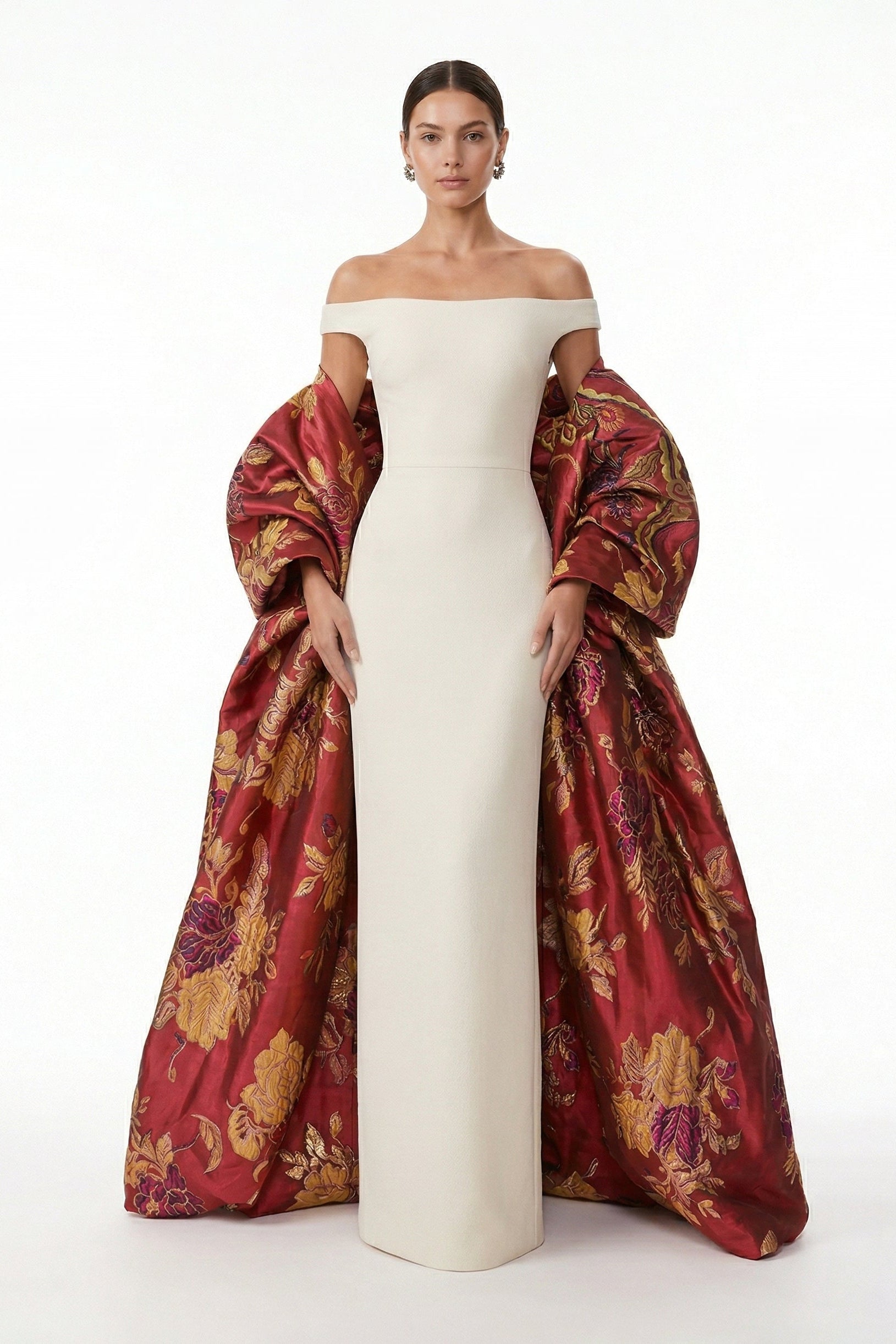 Li Beirut M1234 – Off-Shoulder Column Gown with Detachable Jacquard Overskirt
