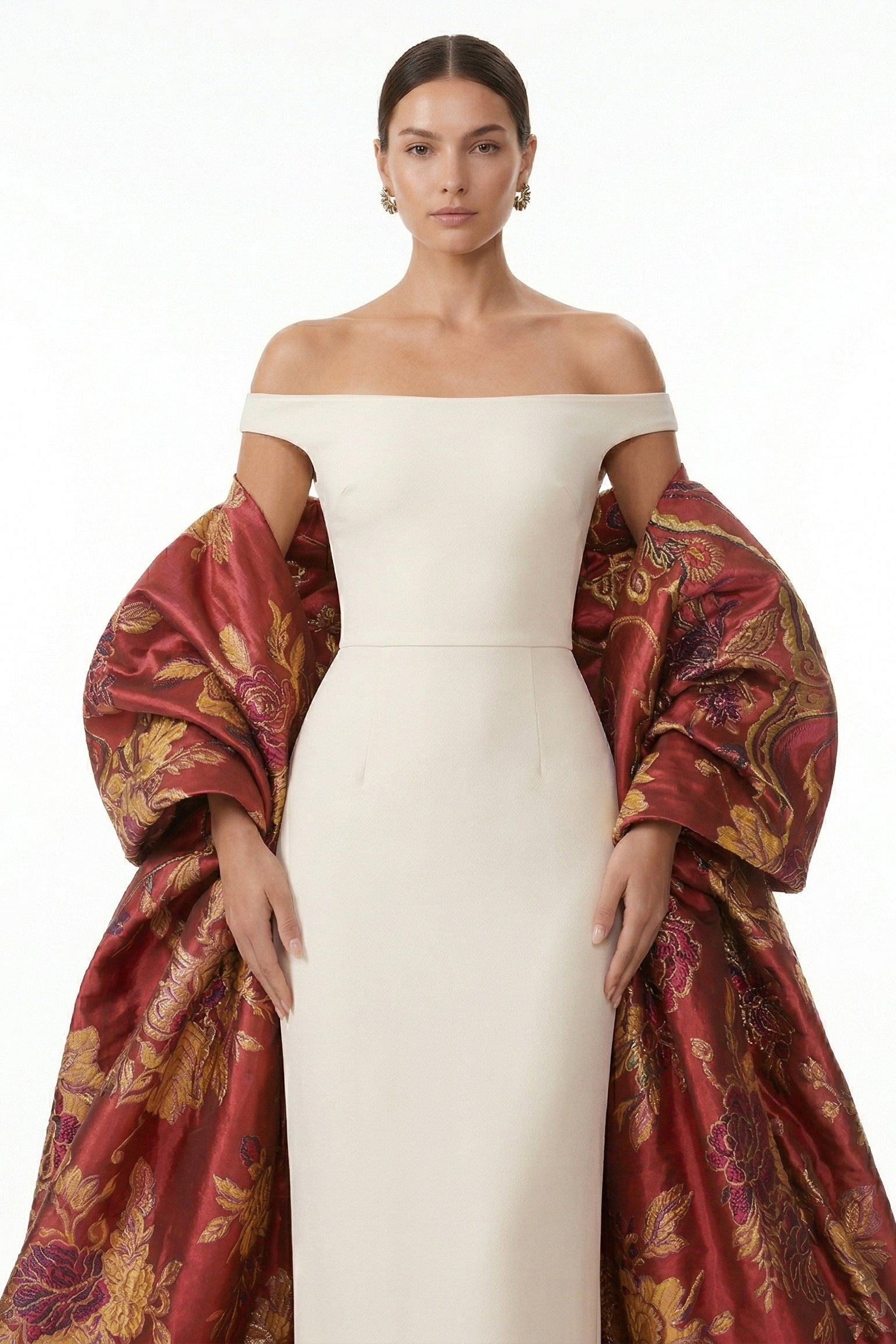 Li Beirut M1234 – Off-Shoulder Column Gown with Detachable Jacquard Overskirt