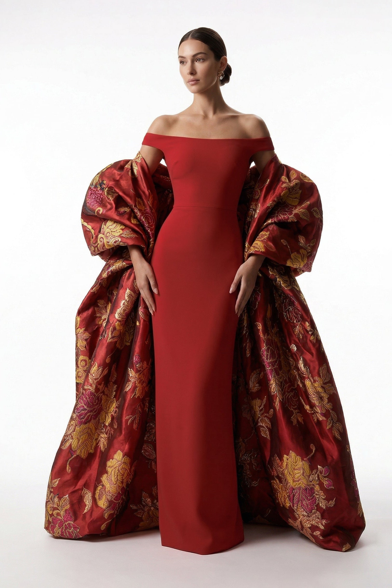 Li Beirut M1234 – Off-Shoulder Column Gown with Detachable Jacquard Overskirt