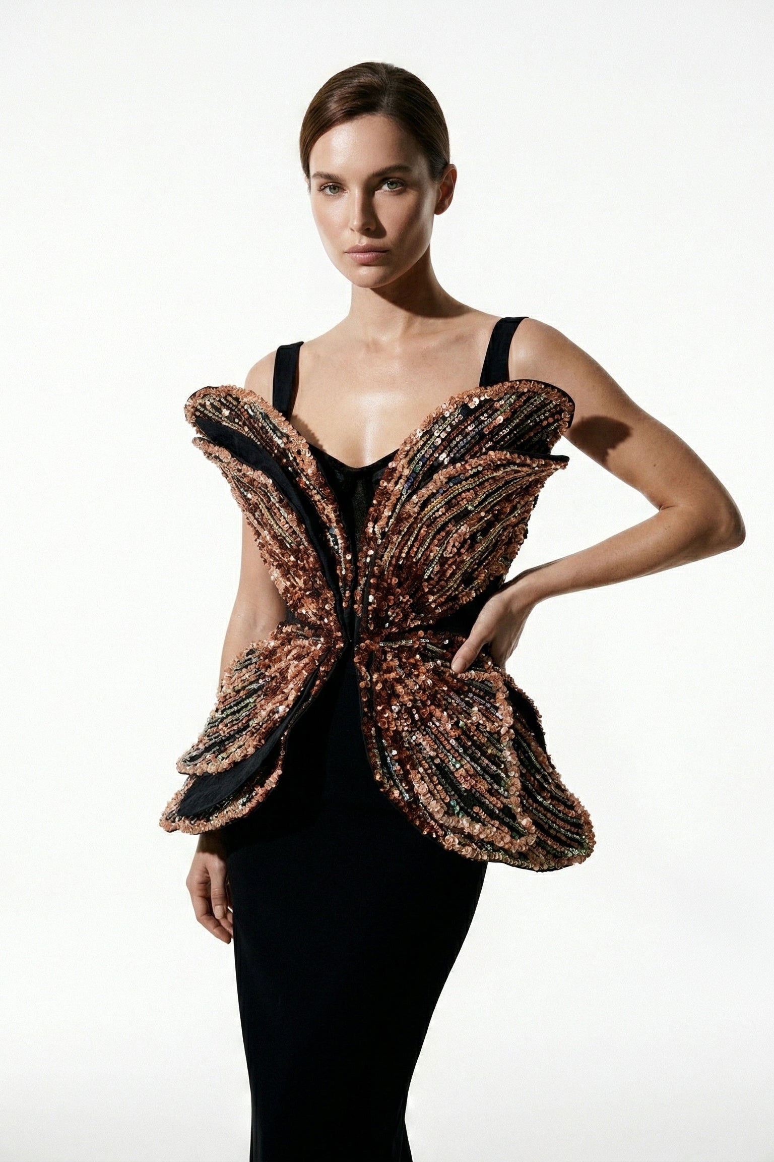 Li Beirut M1235 – Black Sculptural Beaded Peplum Evening Gown