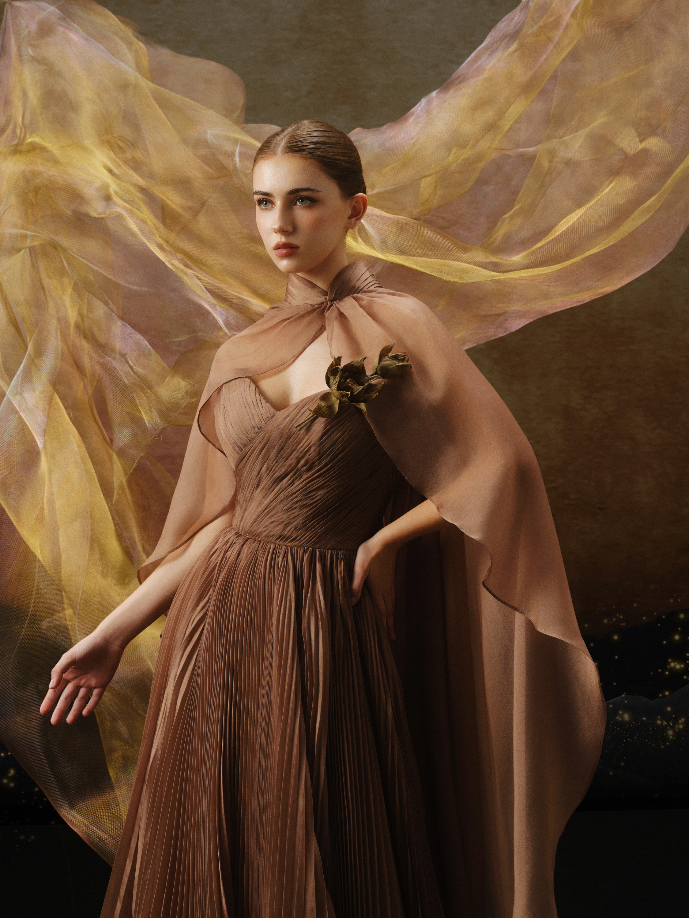 Linh Nga ALT120 – Sweetheart Pleated Dress with Sheer Cape
