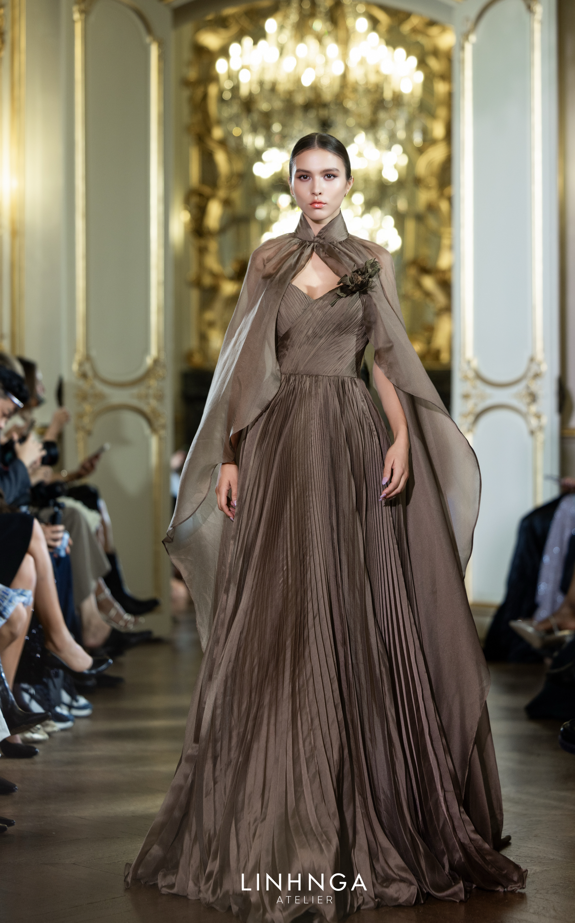 Linh Nga ALT120 – Sweetheart Pleated Dress with Sheer Cape