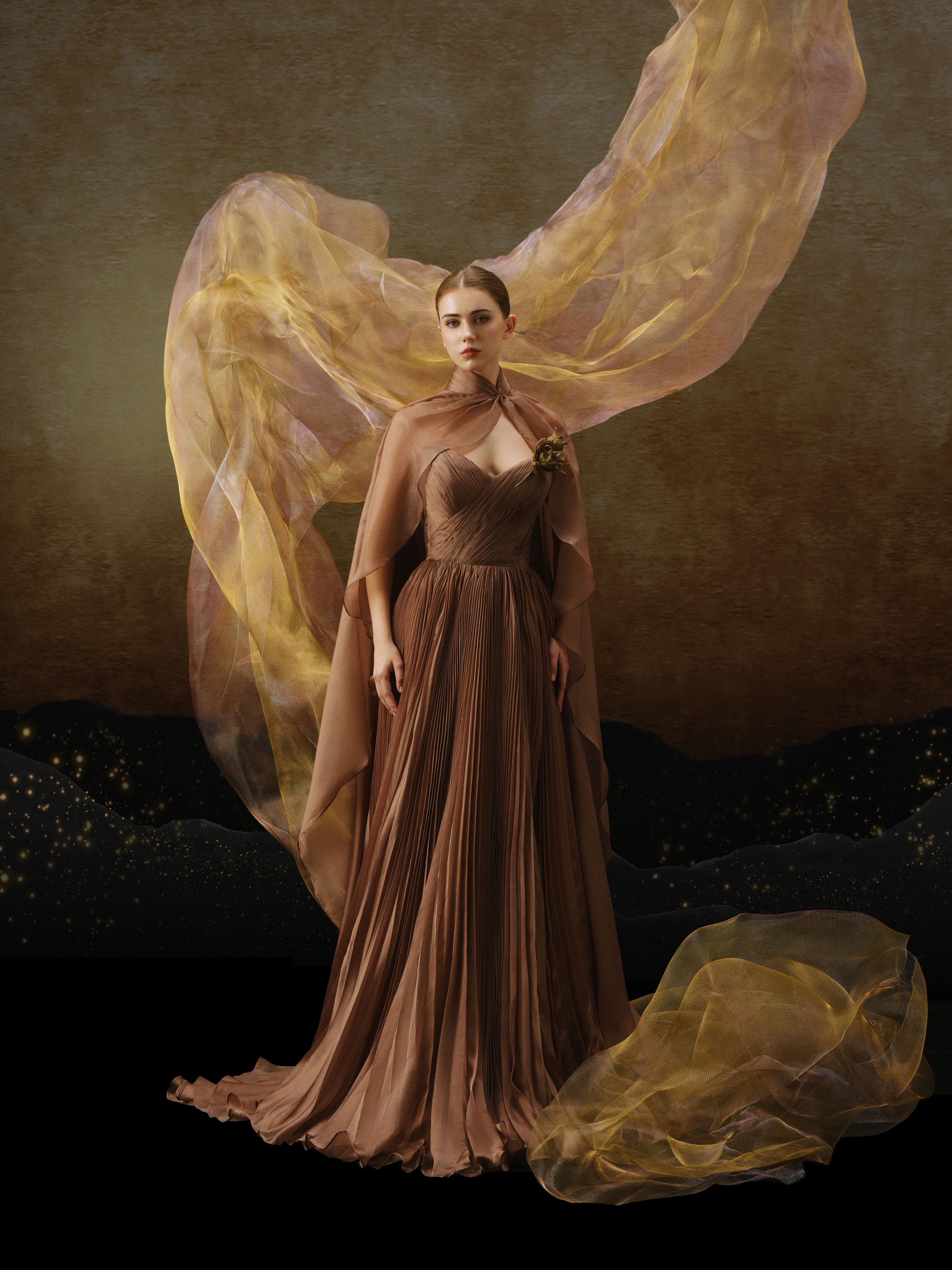 Linh Nga ALT120 – Sweetheart Pleated Dress with Sheer Cape