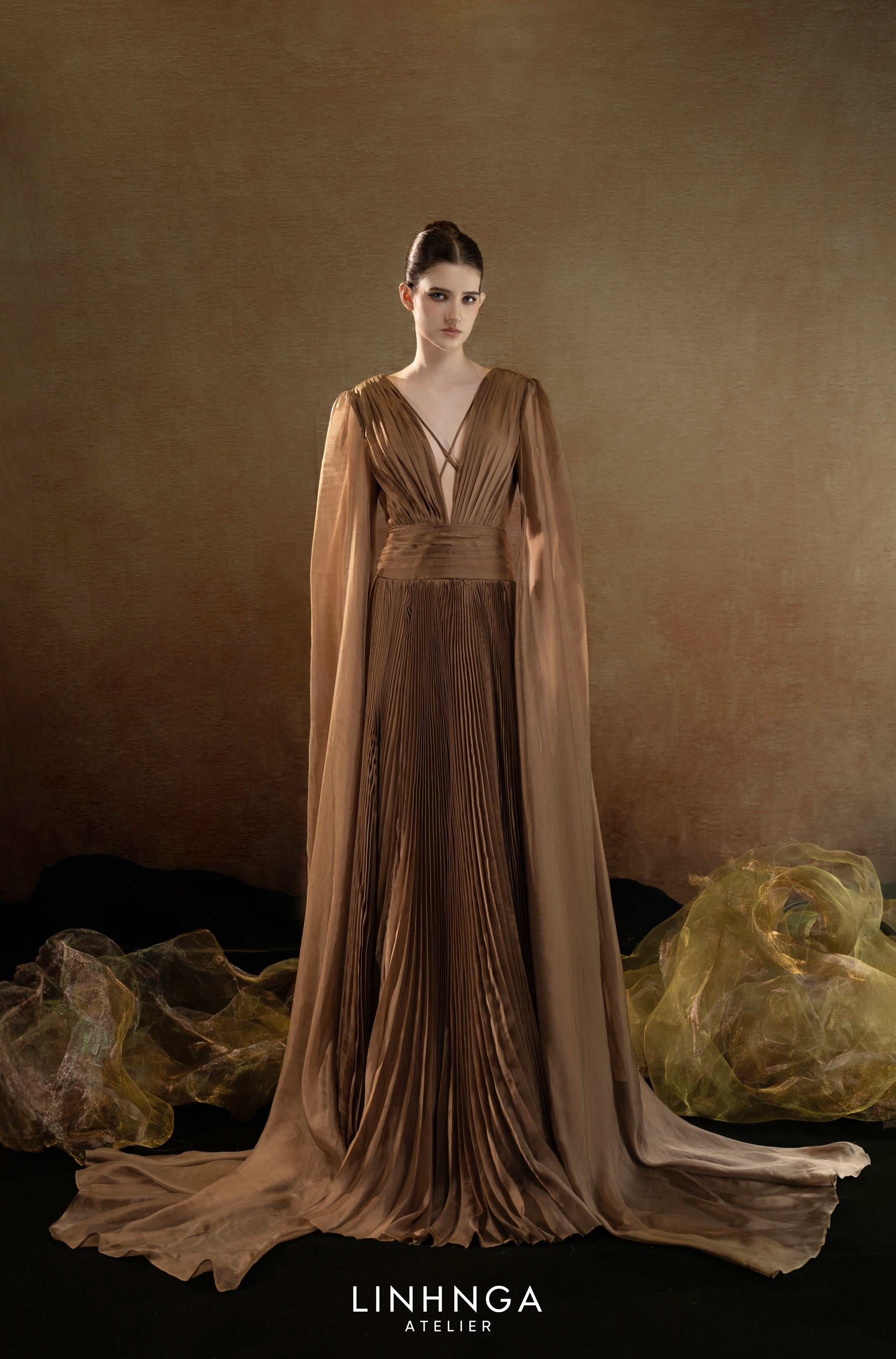 Linh Nga ALT122 Brown A-Line Couture Dress