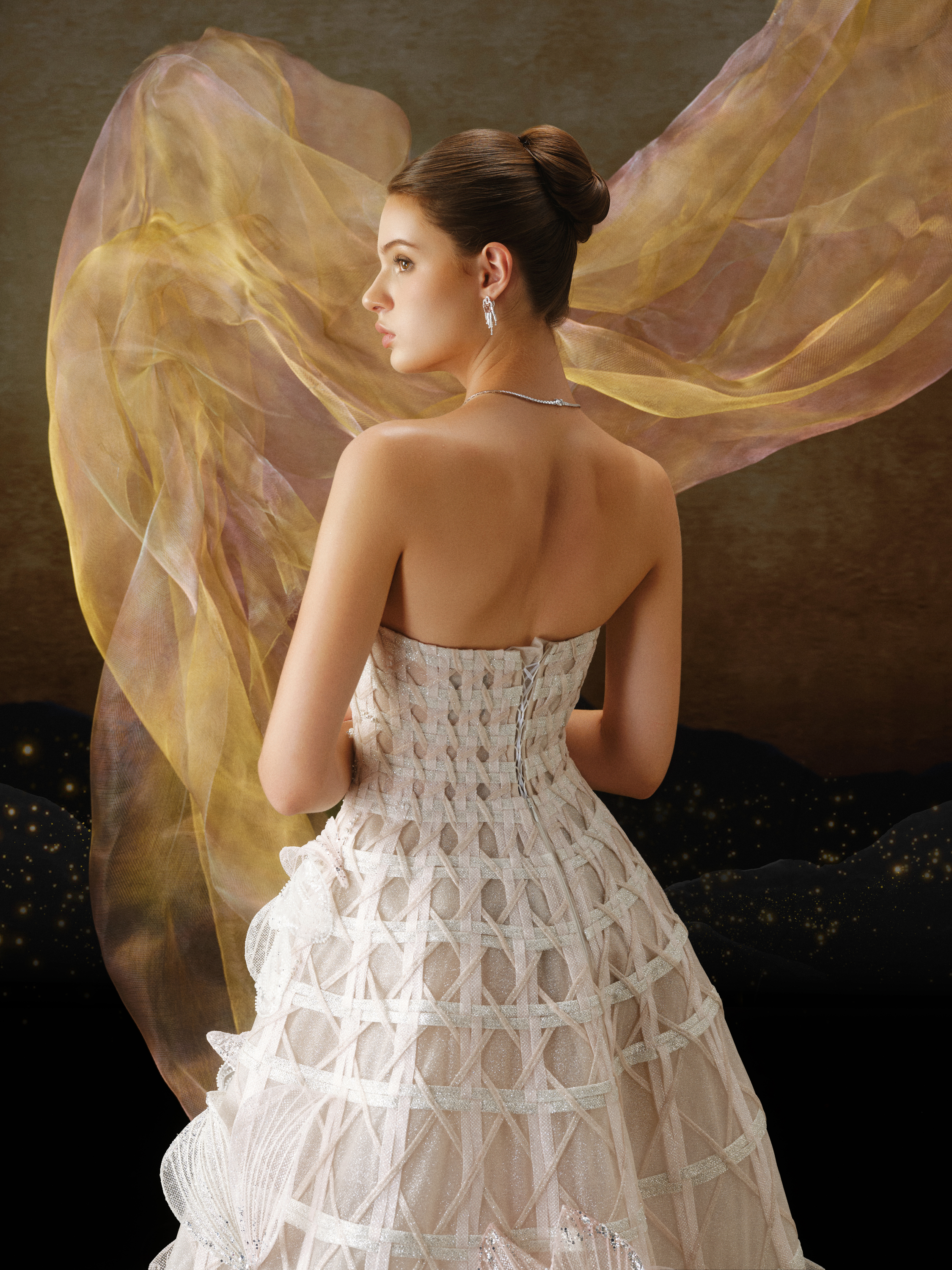 Linh Nga LMBAT249 – Strapless Grid-Textured Gown with Floral Appliqués